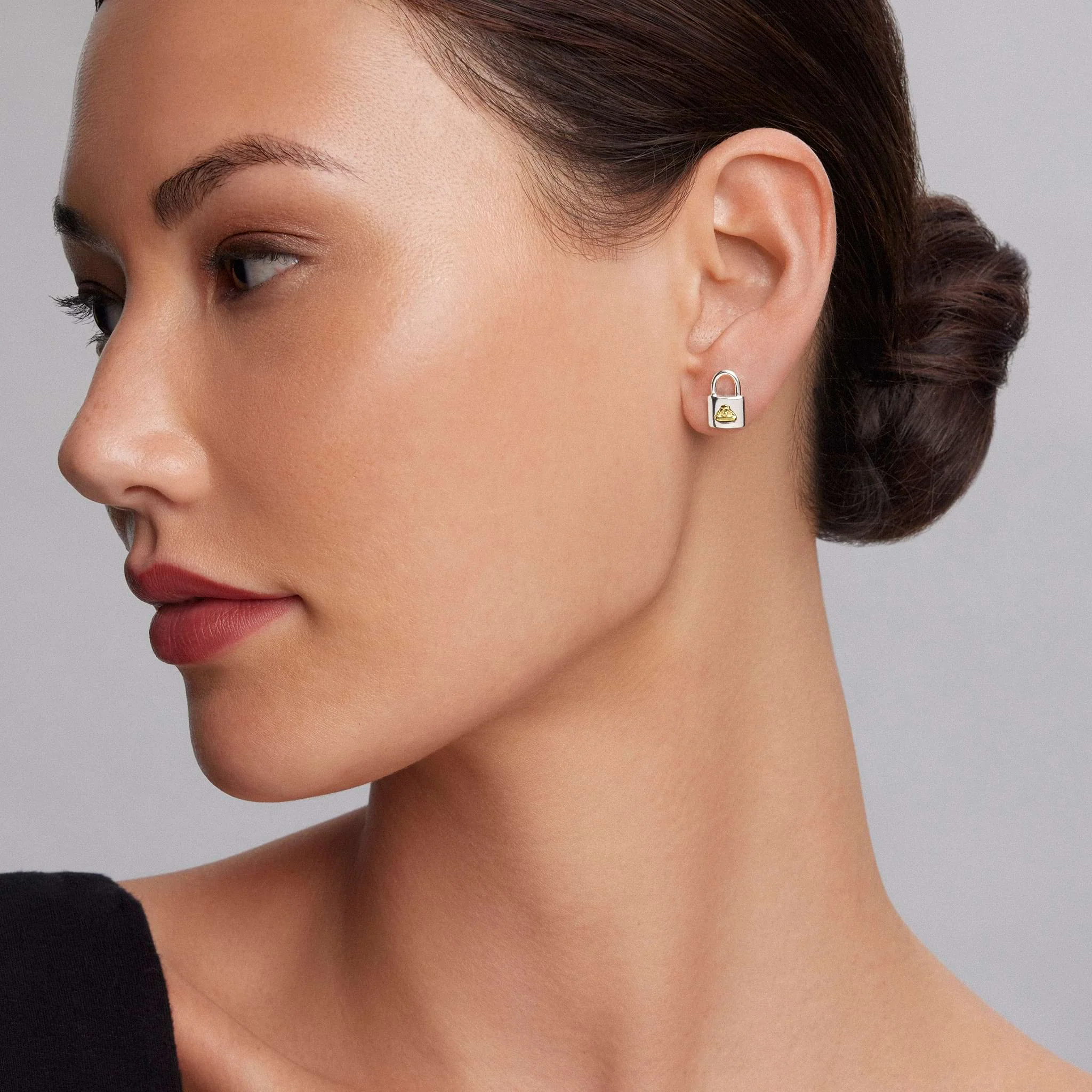 Beloved Two-Tone Lock Crest Stud Earrings - Image 2