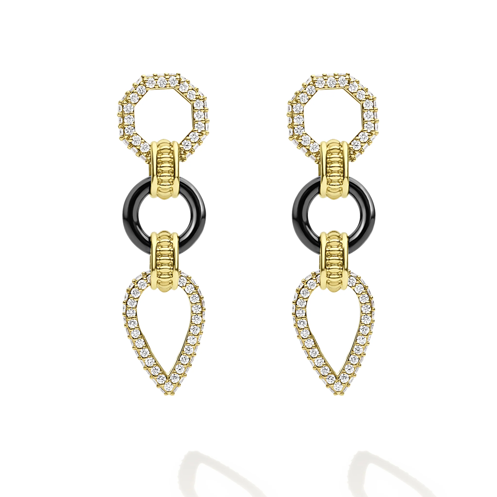 Black Caviar 18K Gold & Black Ceramic Geometric Drop Diamond Earrings
