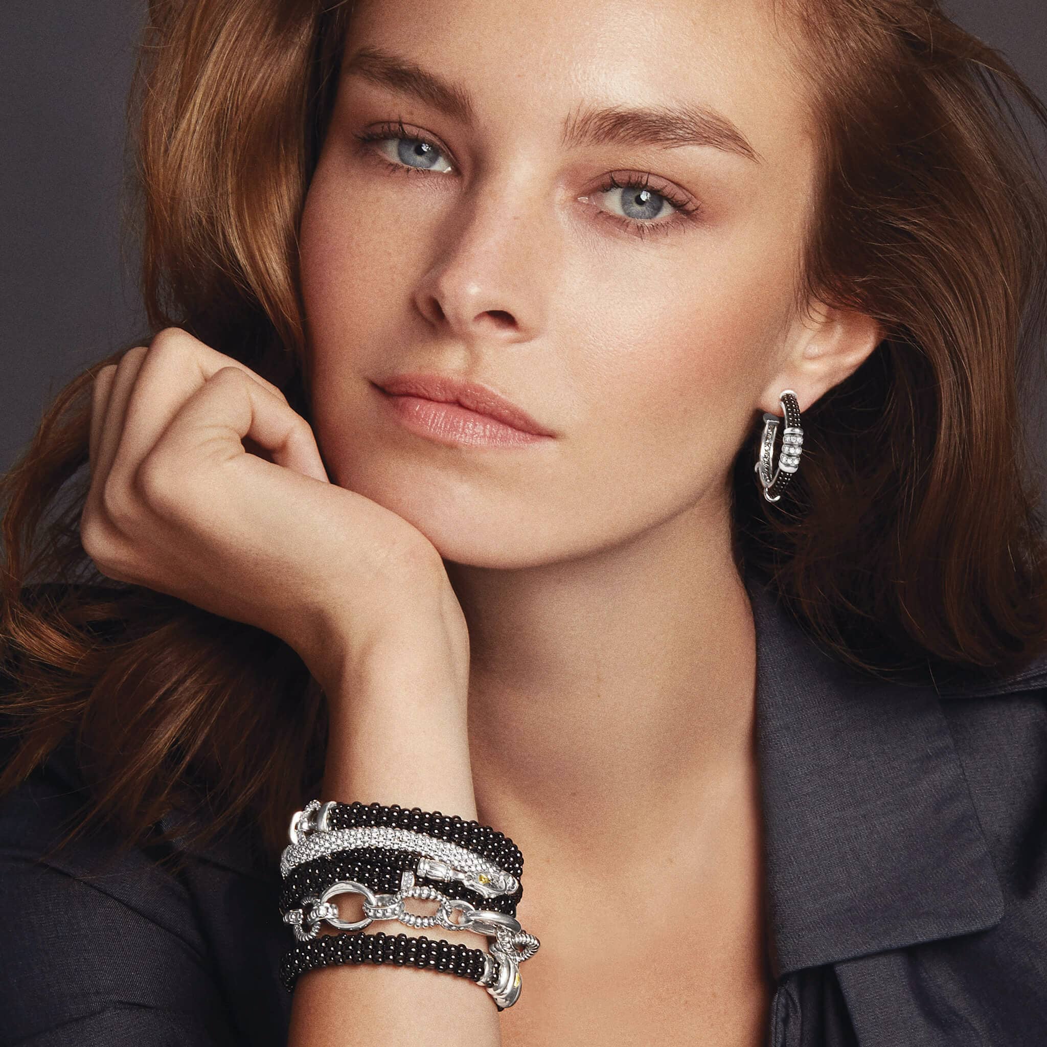 Black Caviar Ceramic Beaded Diamond Hoop Earrings - Image 5