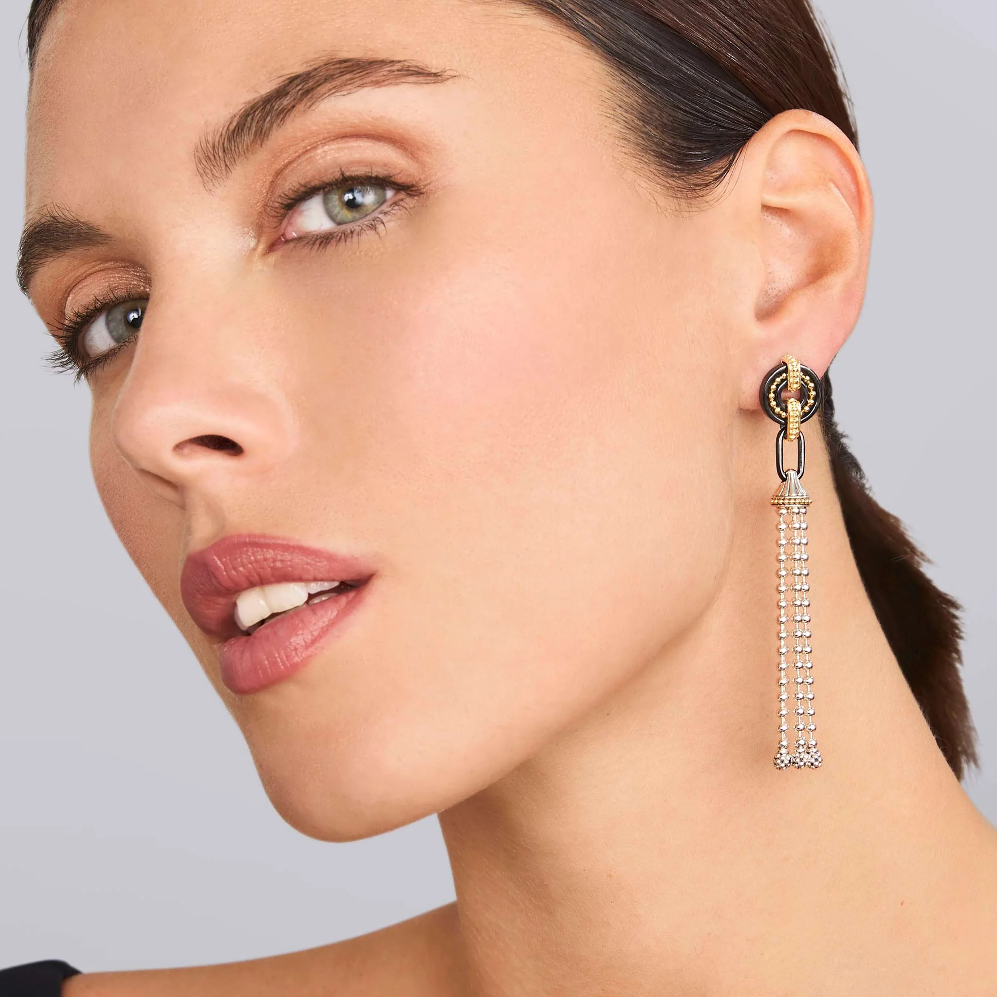 Black Caviar Long Two-Tone Black Ceramic Tassel Earrings - Image 2