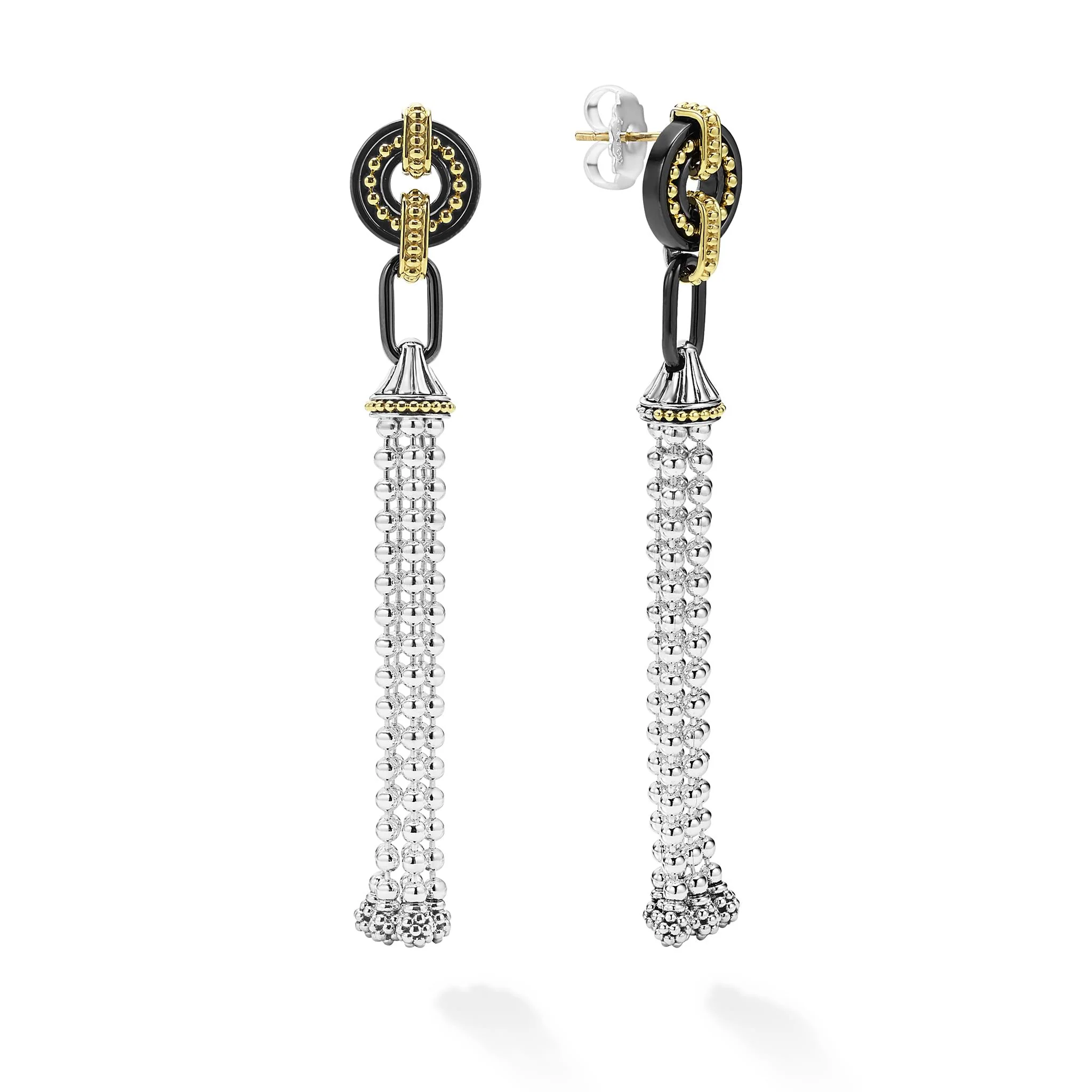 Black Caviar Long Two-Tone Black Ceramic Tassel Earrings - Image 3