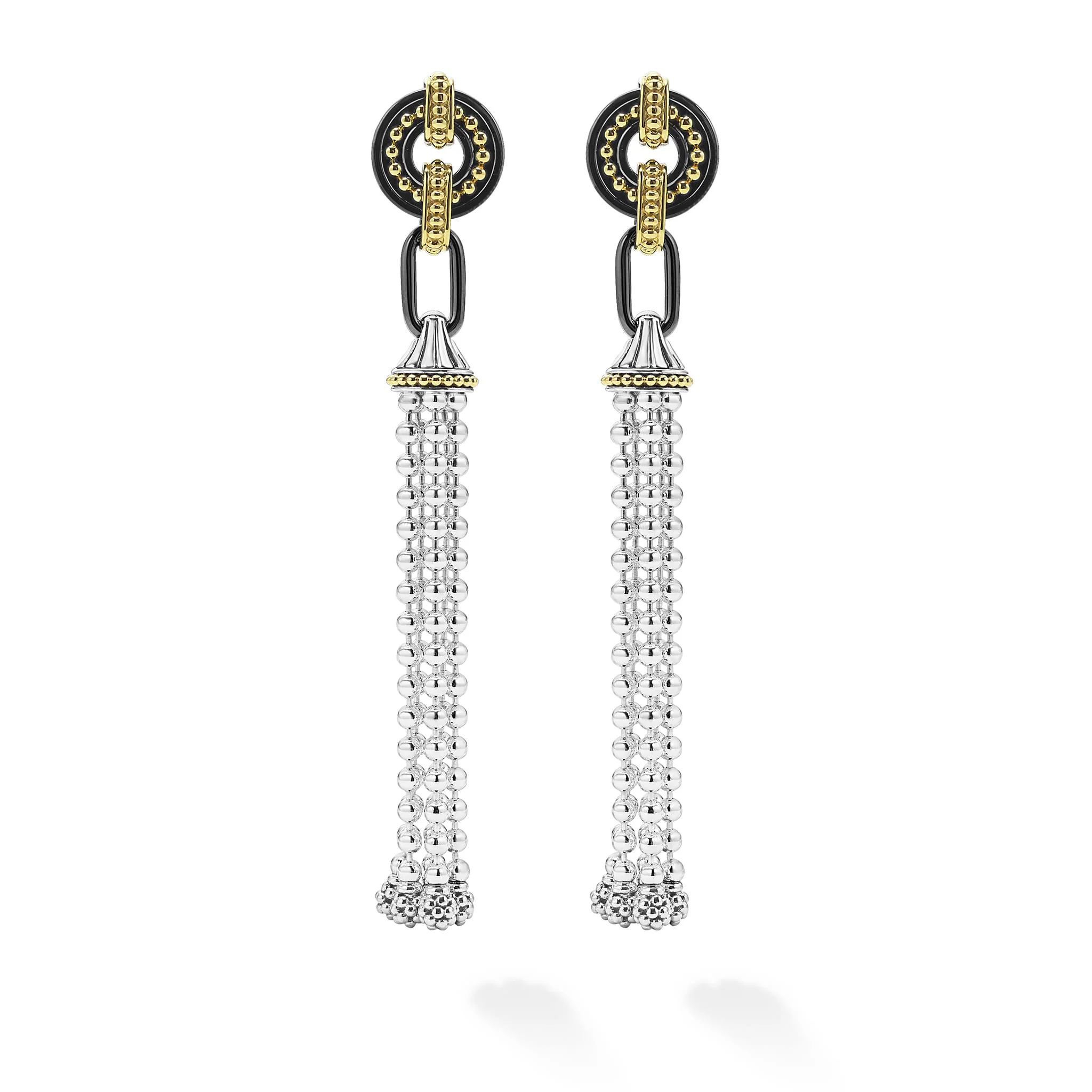 Black Caviar Long Two-Tone Black Ceramic Tassel Earrings - Image 4