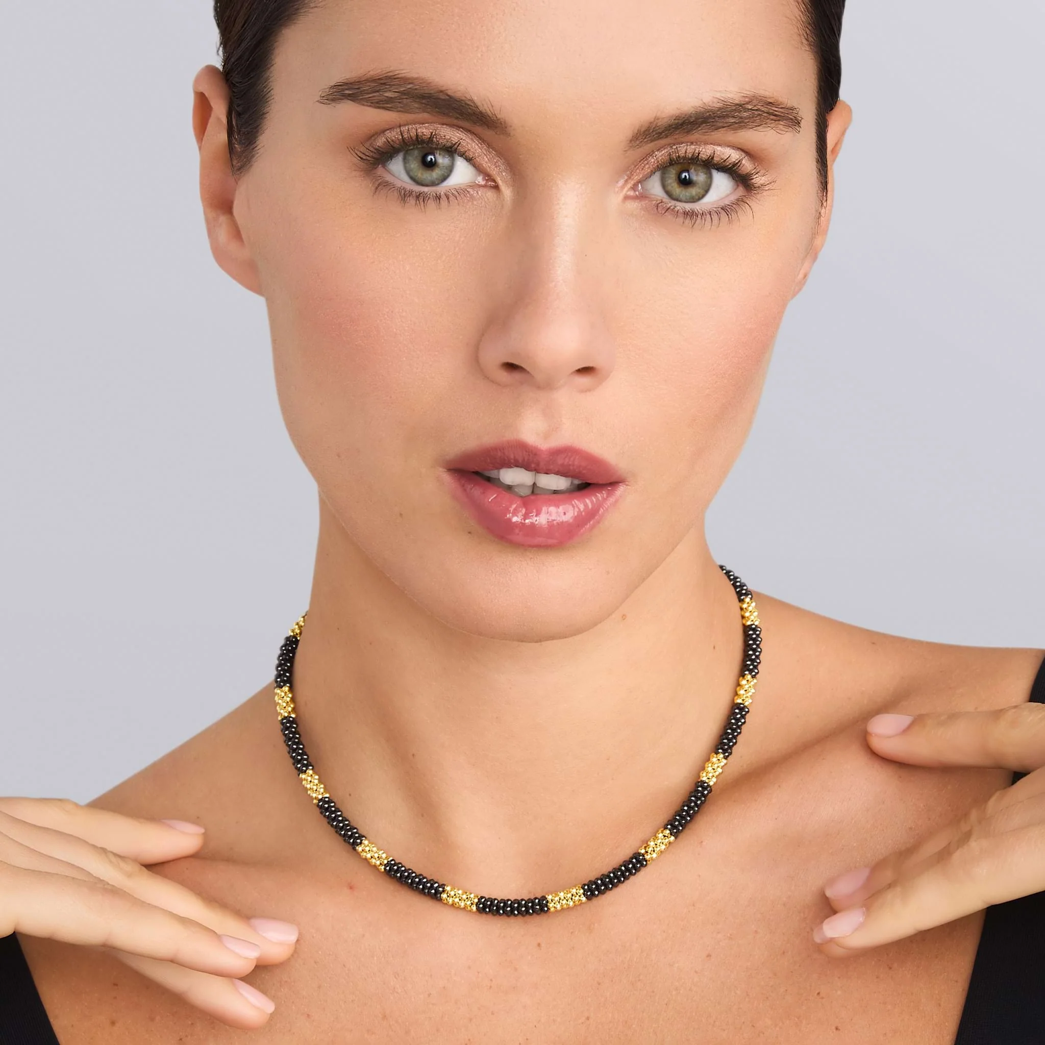 Black Caviar 18K Gold Large Station Ceramic Beaded Necklace | 5mm - Image 2