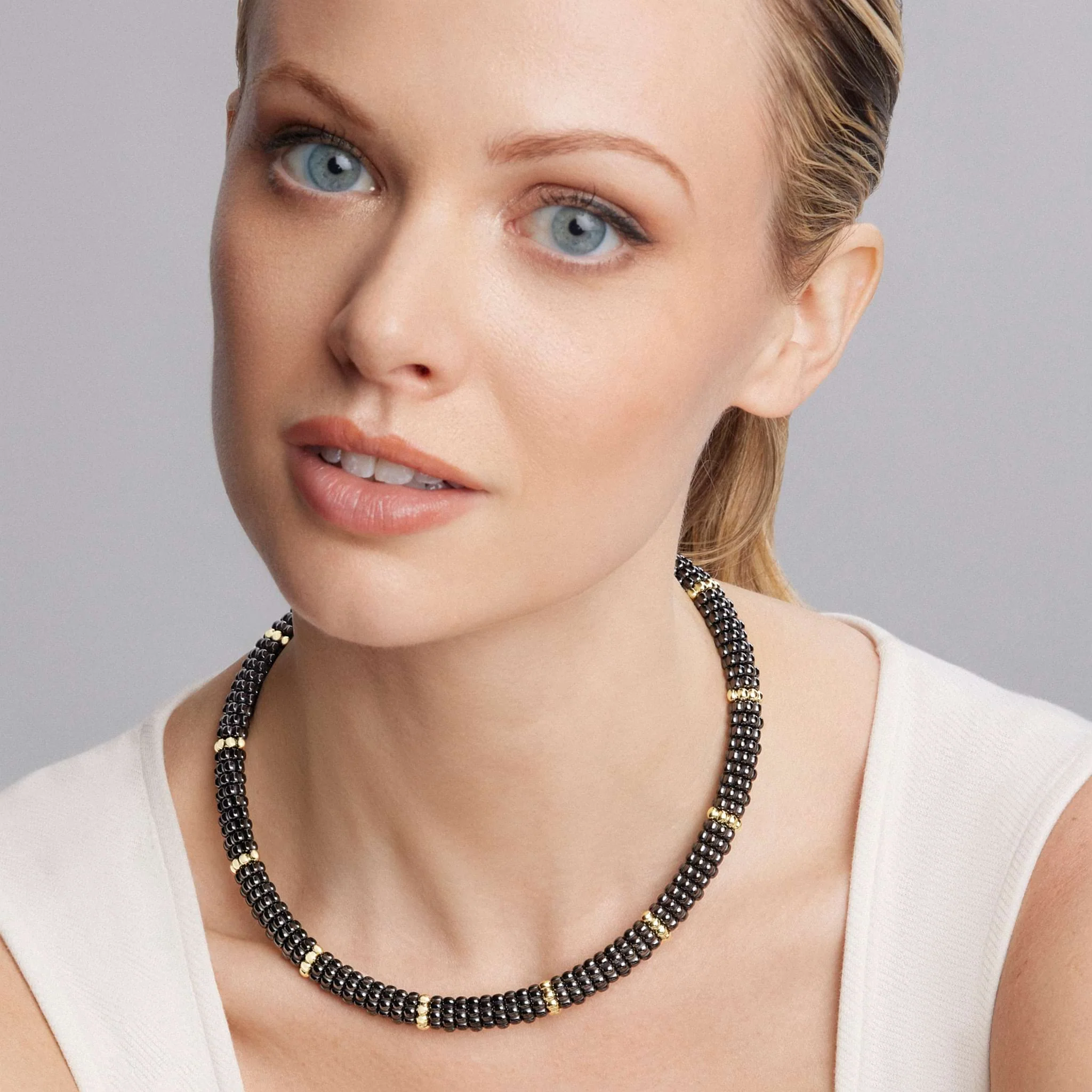 Black Caviar 18K Gold Single Station Ceramic Beaded Necklace | 9mm - Image 2