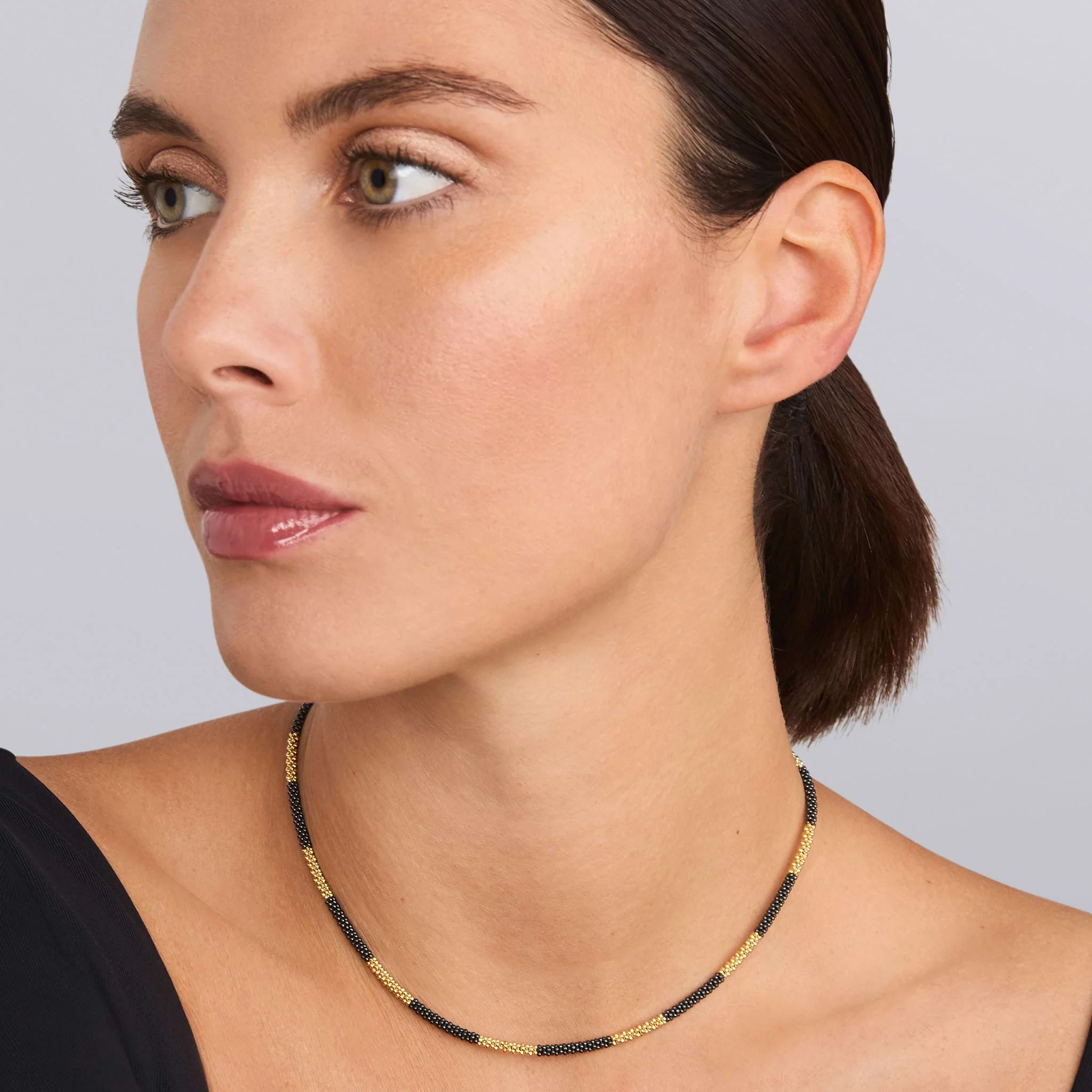 Black Caviar 18K Gold Large Station Ceramic Beaded Necklace | 3mm - Image 2