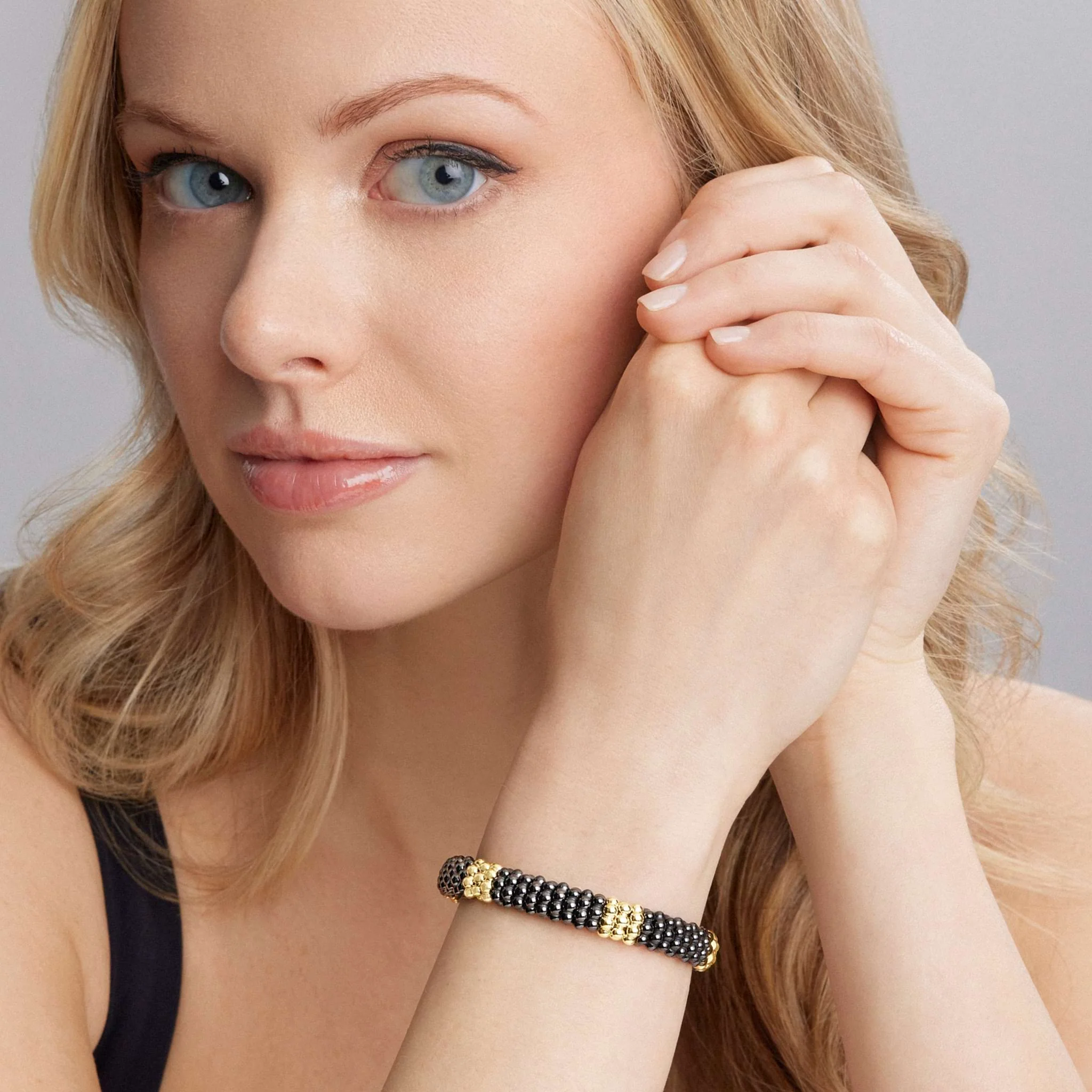 Black Caviar 18K Gold Station Ceramic Beaded Bracelet | 9mm - Image 2