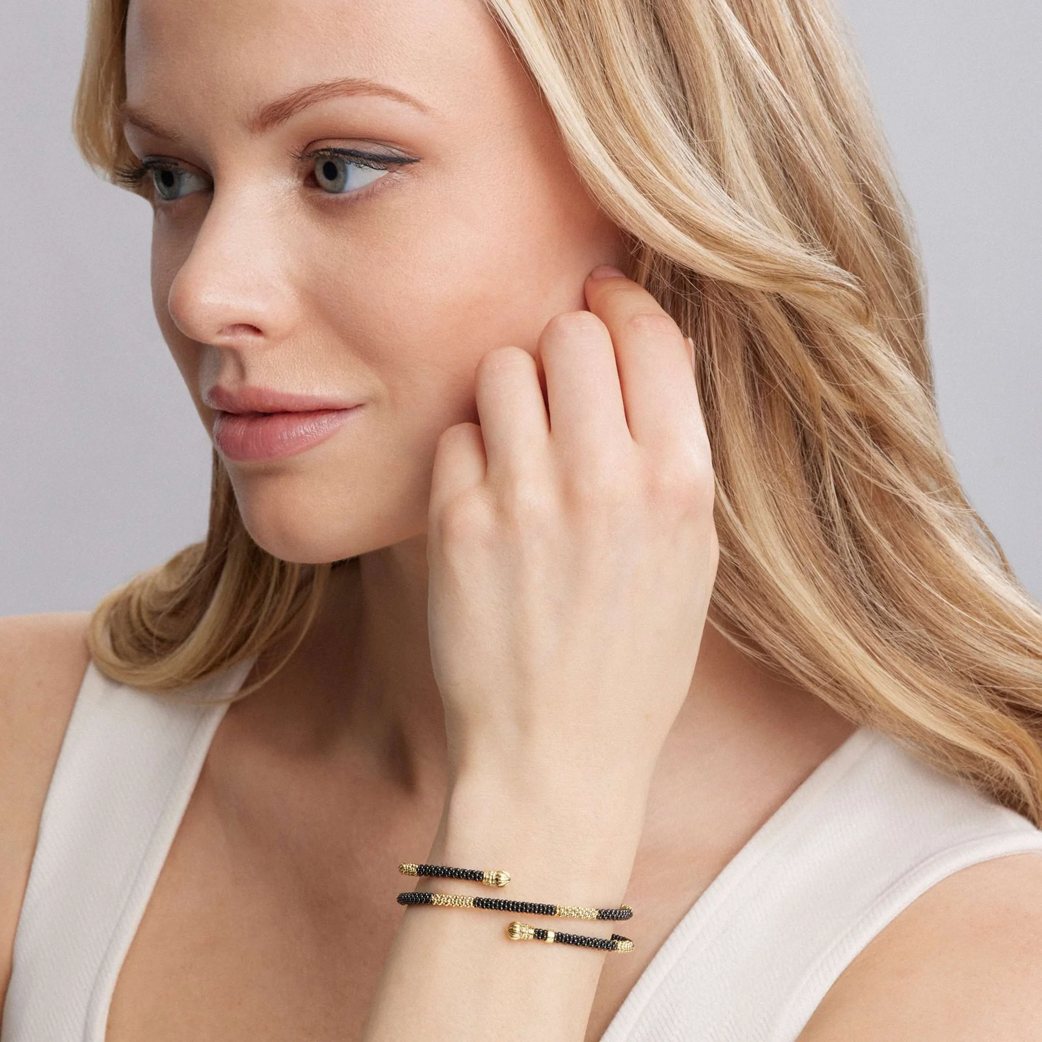 Black Caviar 18K Gold Large Station Ceramic Wrap Bracelet | 3mm - Image 2