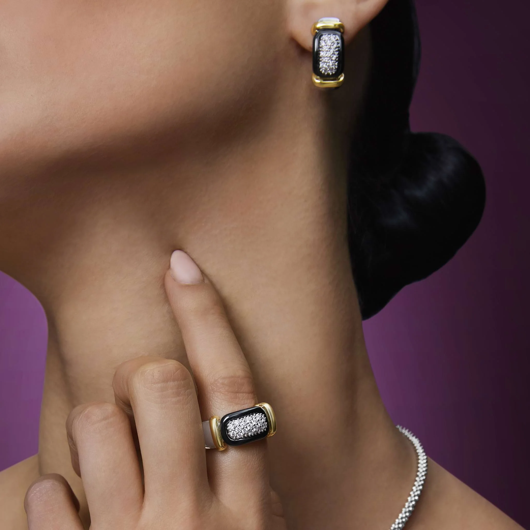Black Caviar Two-Tone Black Ceramic Diamond Huggie Earrings - Image 4