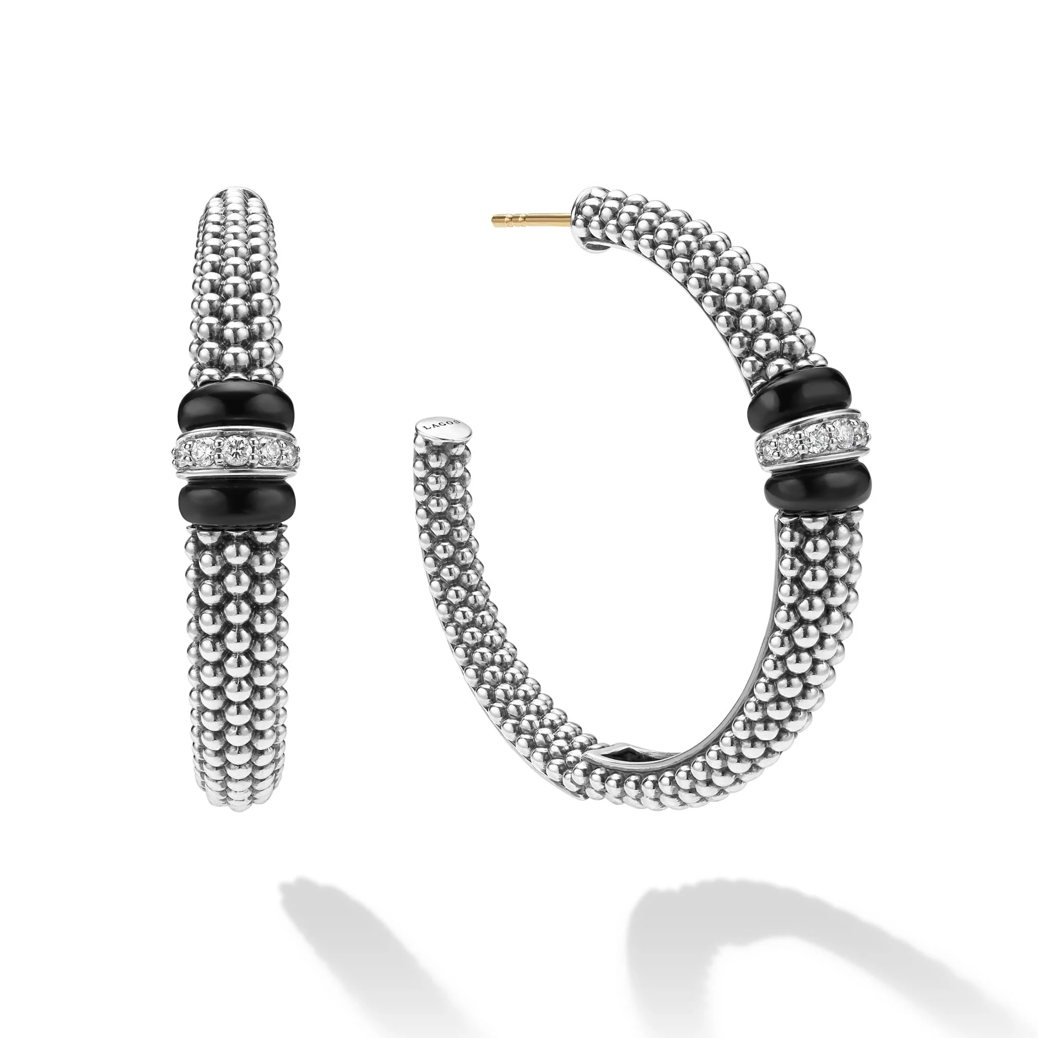 Black Caviar Large Black Ceramic Caviar Diamond Hoop Earrings