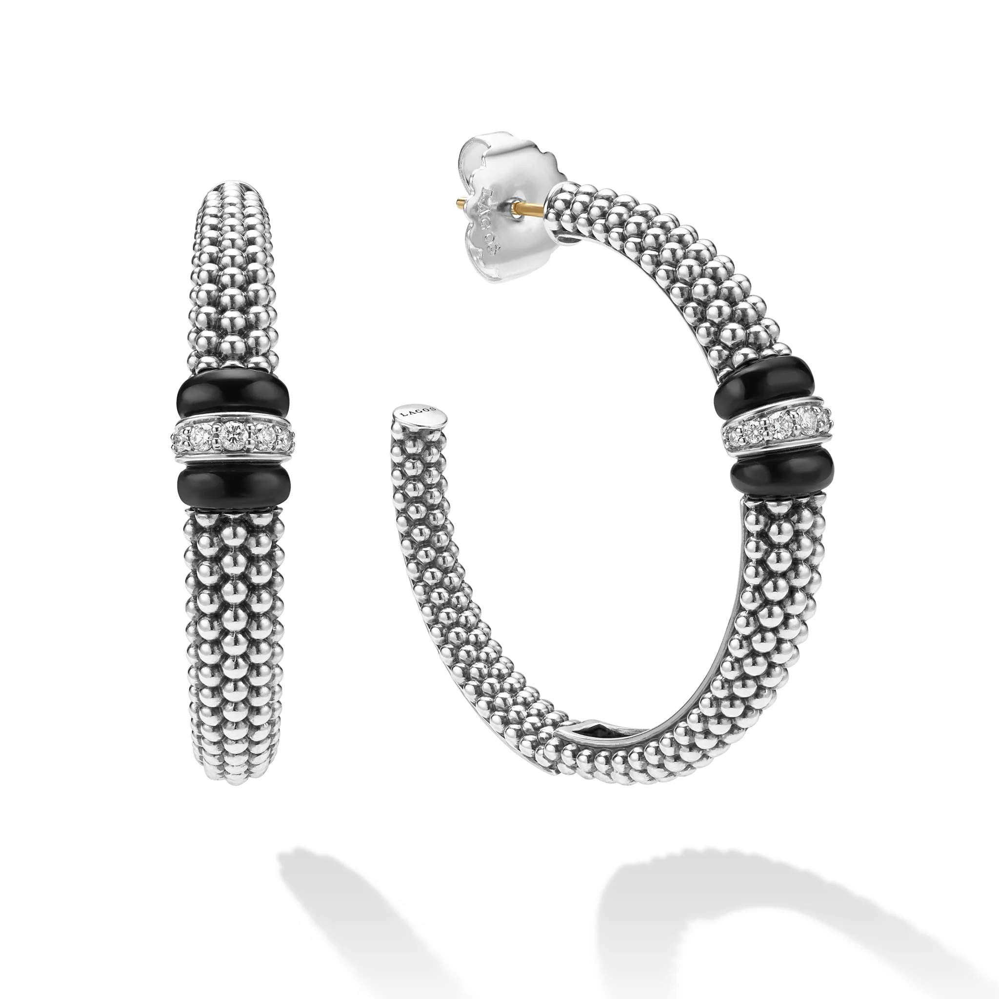 Black Caviar Large Black Ceramic Caviar Diamond Hoop Earrings - Image 3