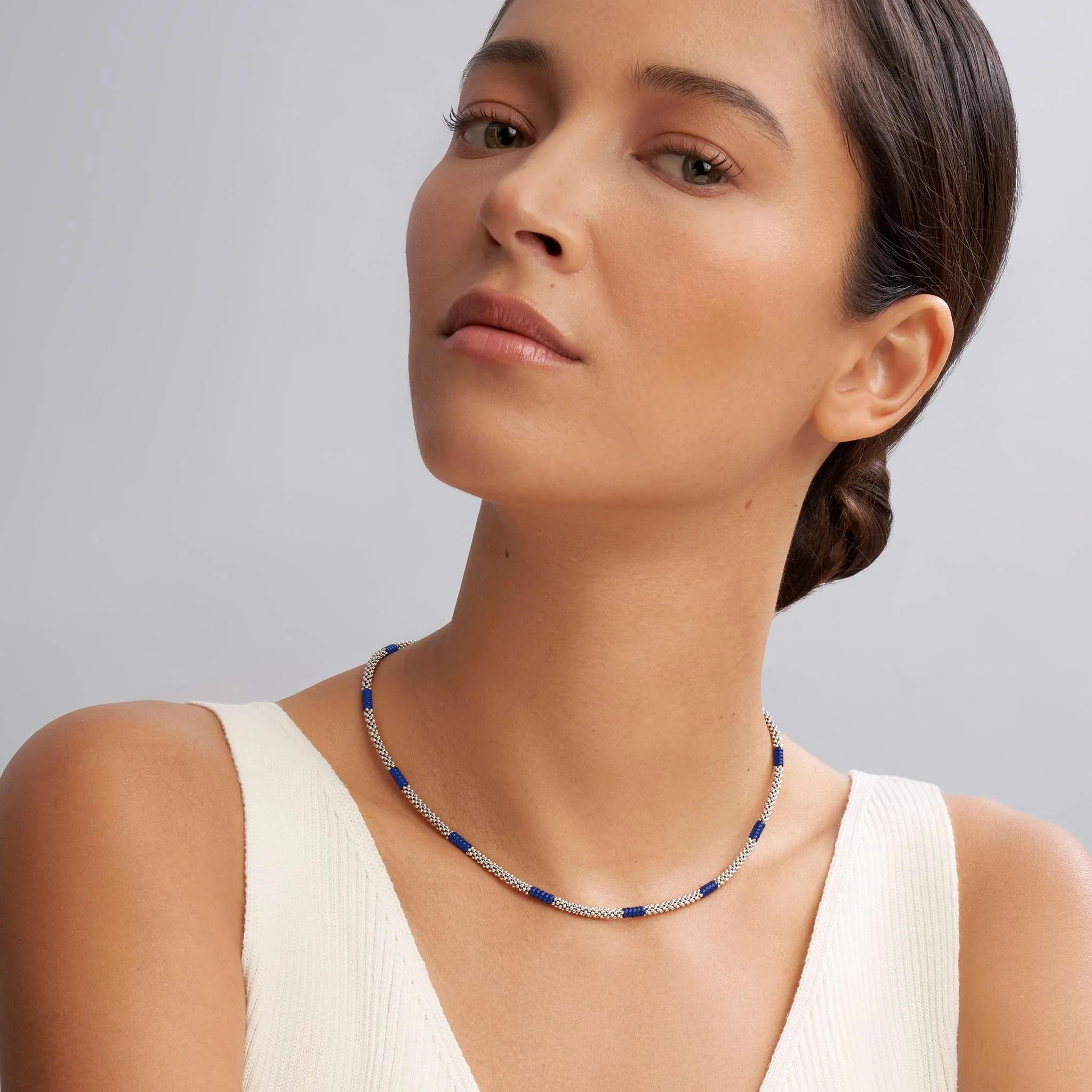 Blue Caviar Ultramarine Silver Station Ceramic Beaded Necklace 3mm - Image 2