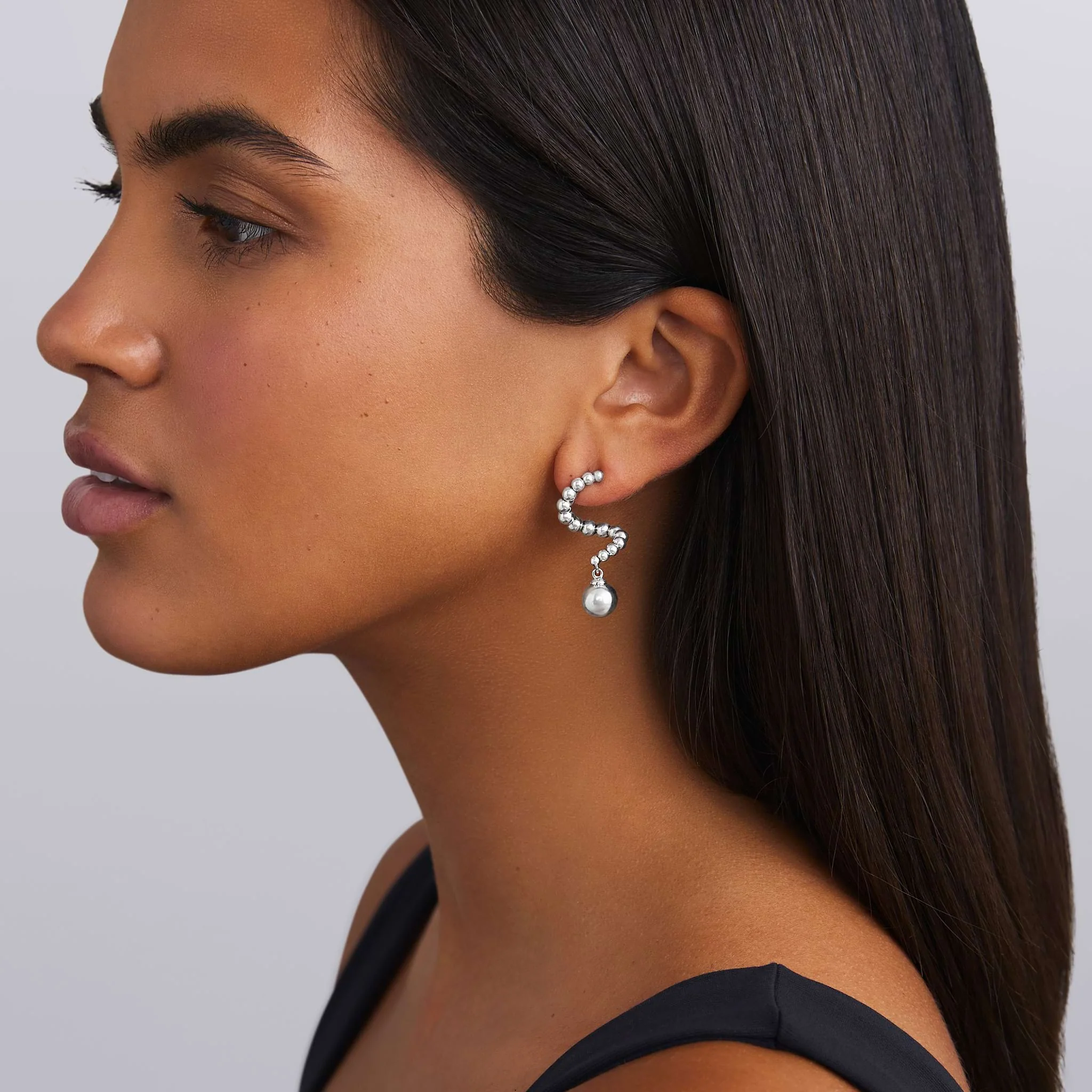 Caviar Bubbly Silver Beaded Statement Drop Earrings - Image 2