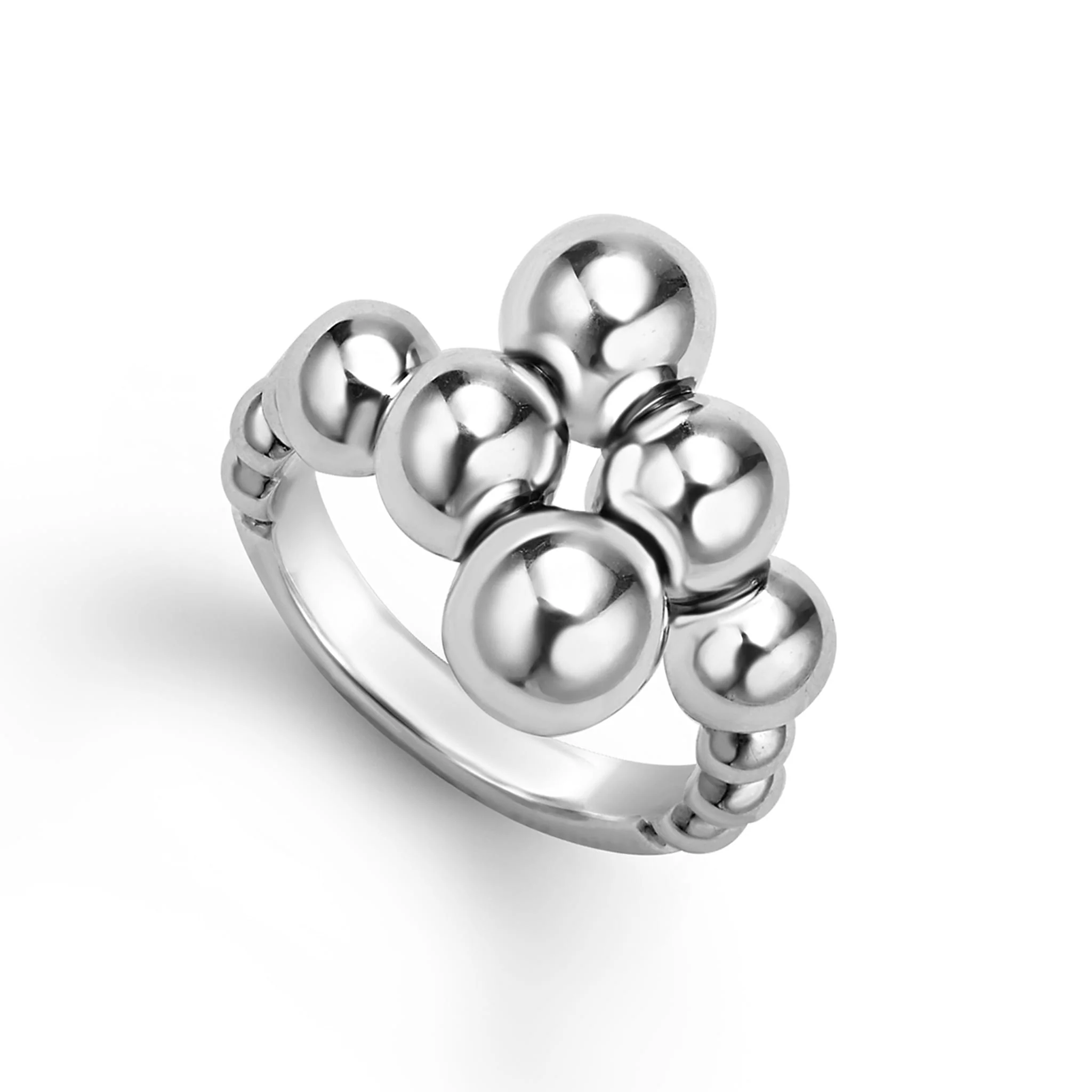 Caviar Bubbly Silver Beaded Crossover Ring