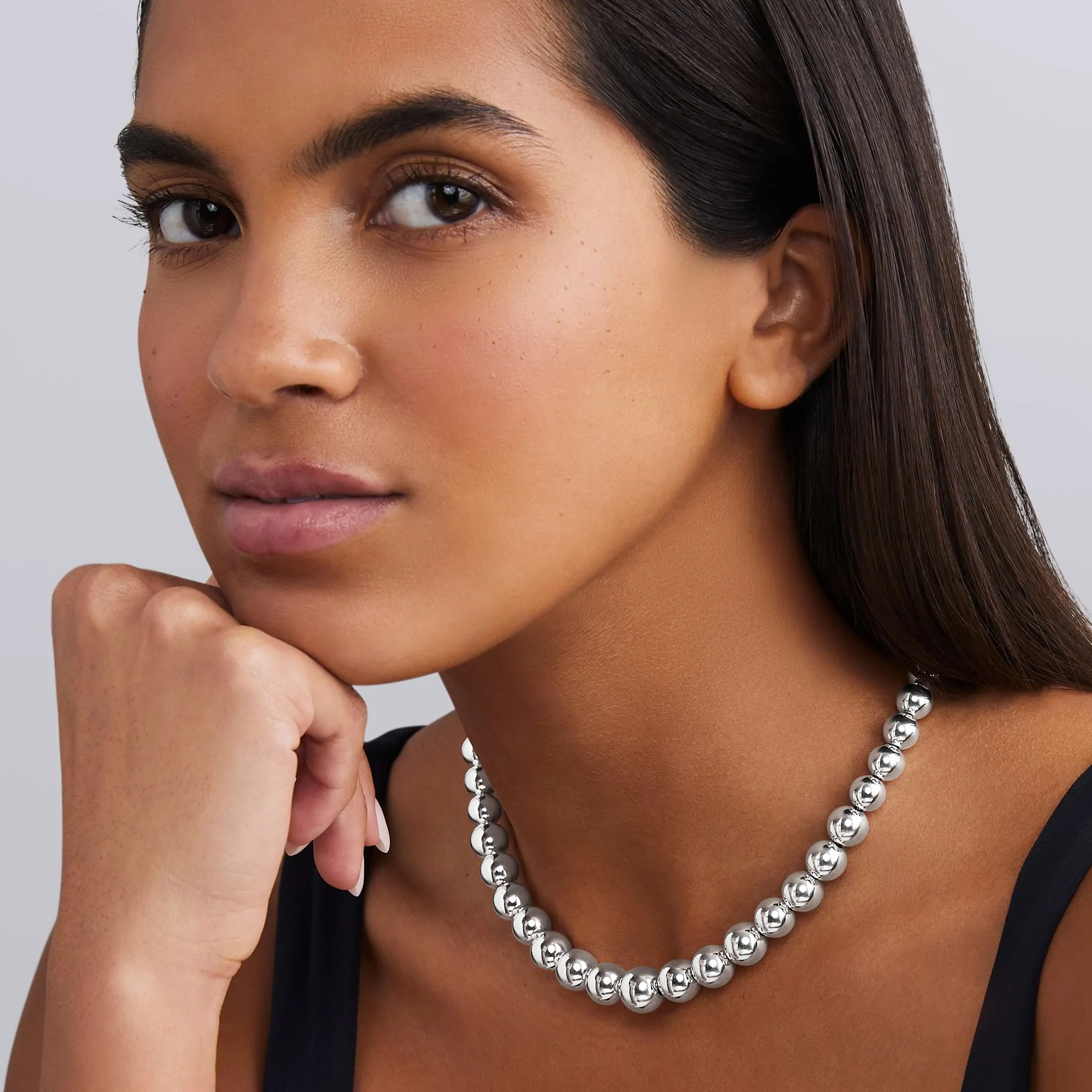 Caviar Bubbly Silver Graduated Bead Necklace - Image 2