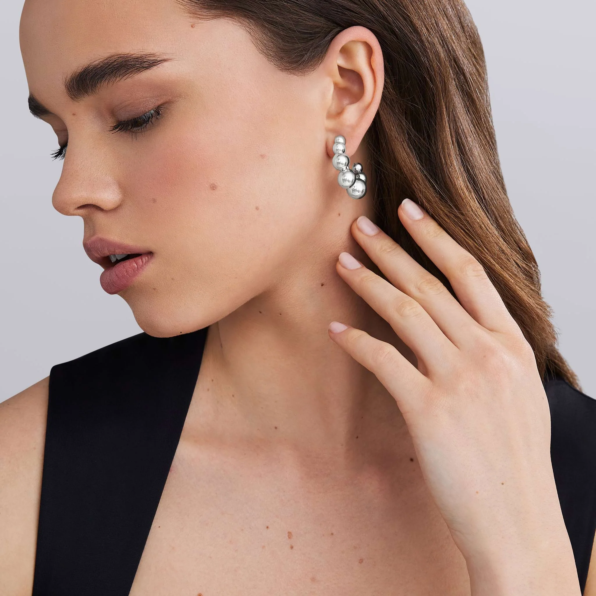 Caviar Bubbly Silver Beaded Hoop Earrings - Image 2