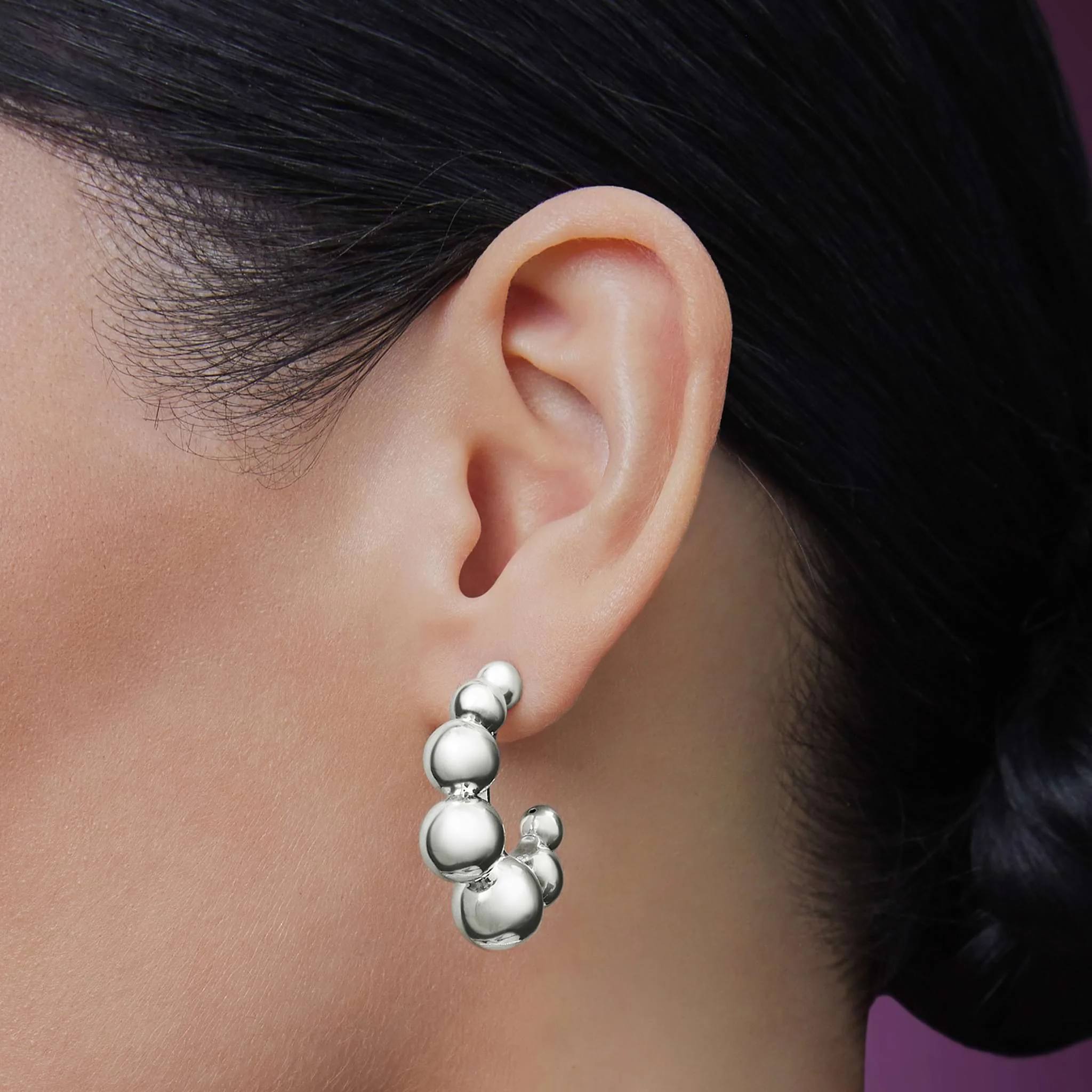 Caviar Bubbly Silver Beaded Hoop Earrings - Image 5