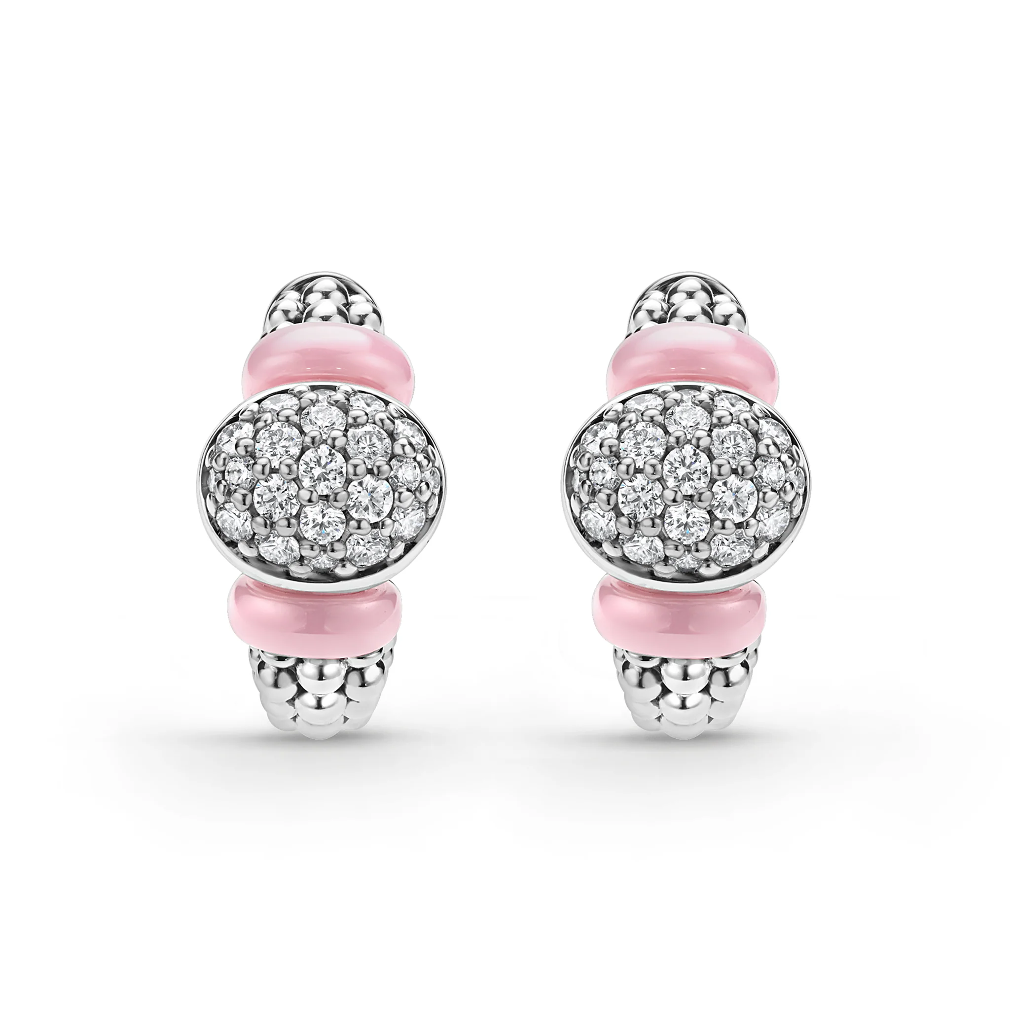 Caviar Color Sterling Silver and Pink Ceramic Diamond Oval Hoop Earring