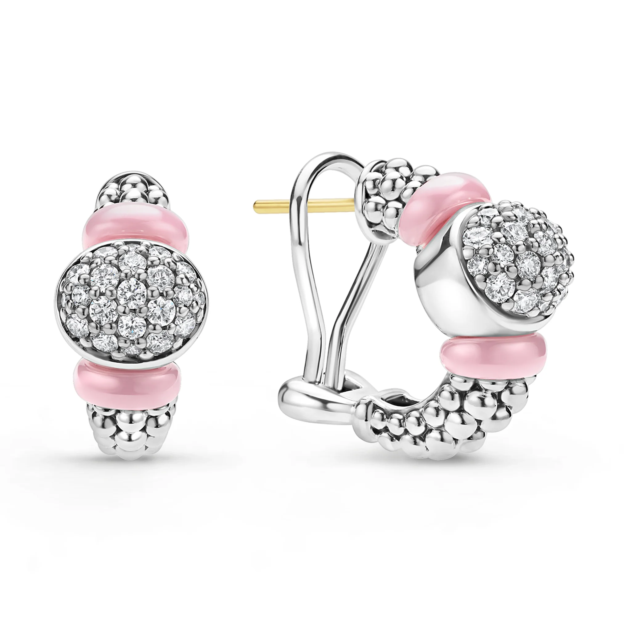 Caviar Color Sterling Silver and Pink Ceramic Diamond Oval Hoop Earring - Image 2