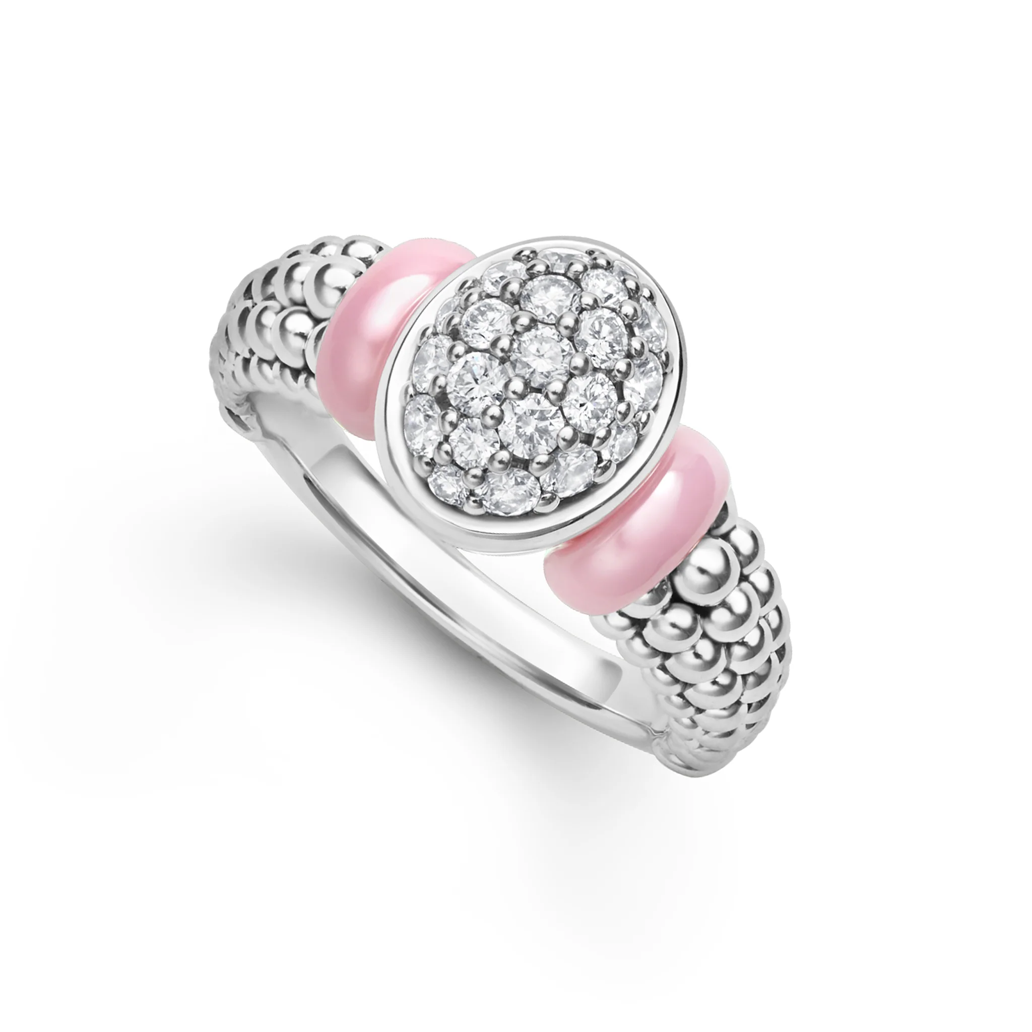 Caviar Color Sterling Silver and Pink Ceramic Oval Diamond Ring