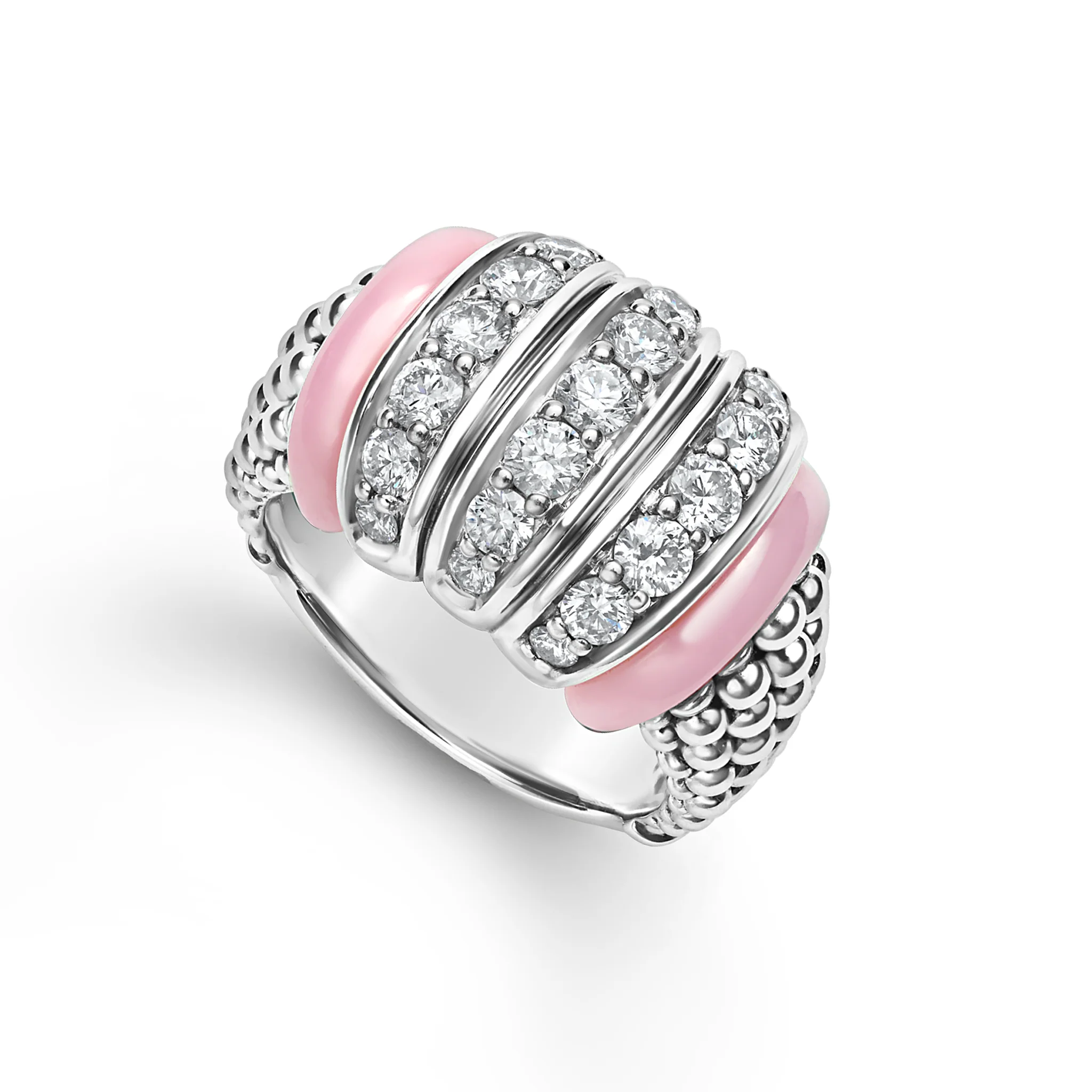 Caviar Color Sterling Silver and Pink Ceramic Large Three Link Diamond Ring
