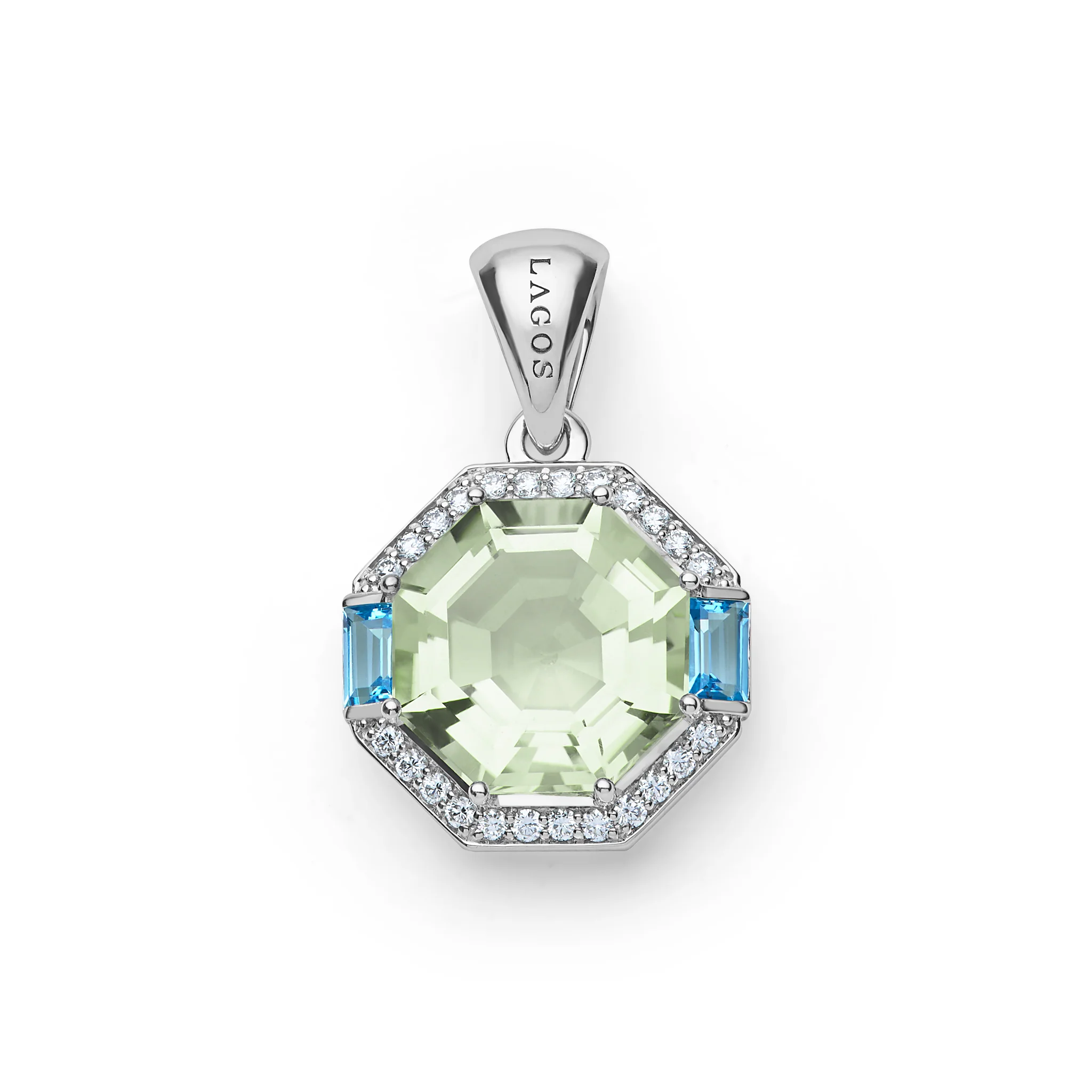 Caviar Color Sterling Silver Prasiolite and Blue Topaz Diamond Pendant