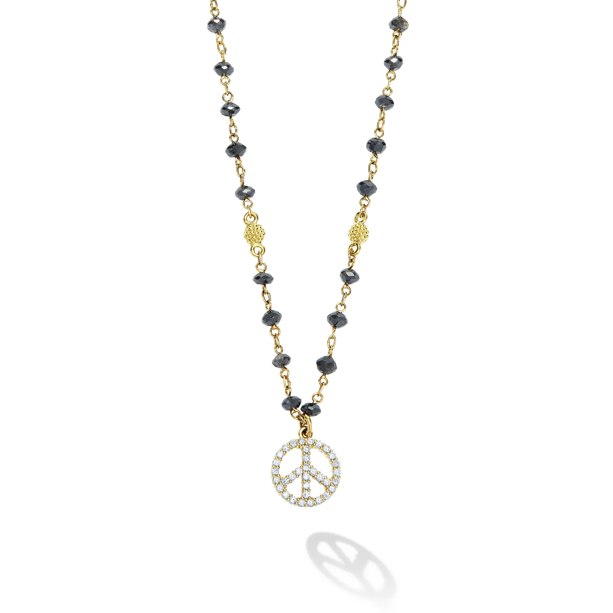 Caviar Gold 18K Gold and Black Spinel Peace Sign Pendant Necklace