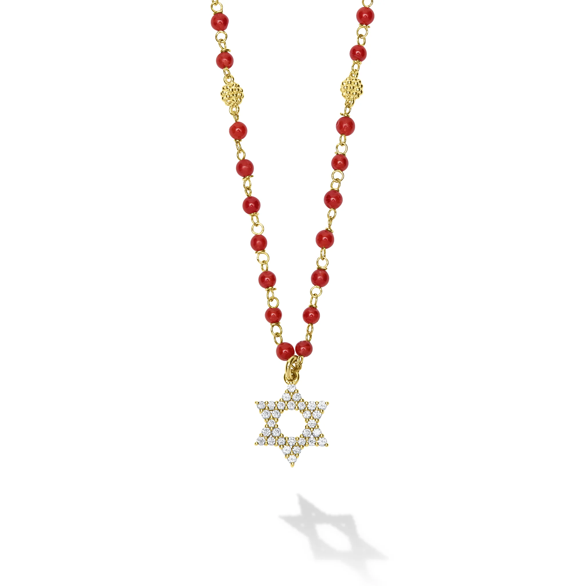 Caviar Gold 18k Gold and Coral Star of David Pendant Necklace
