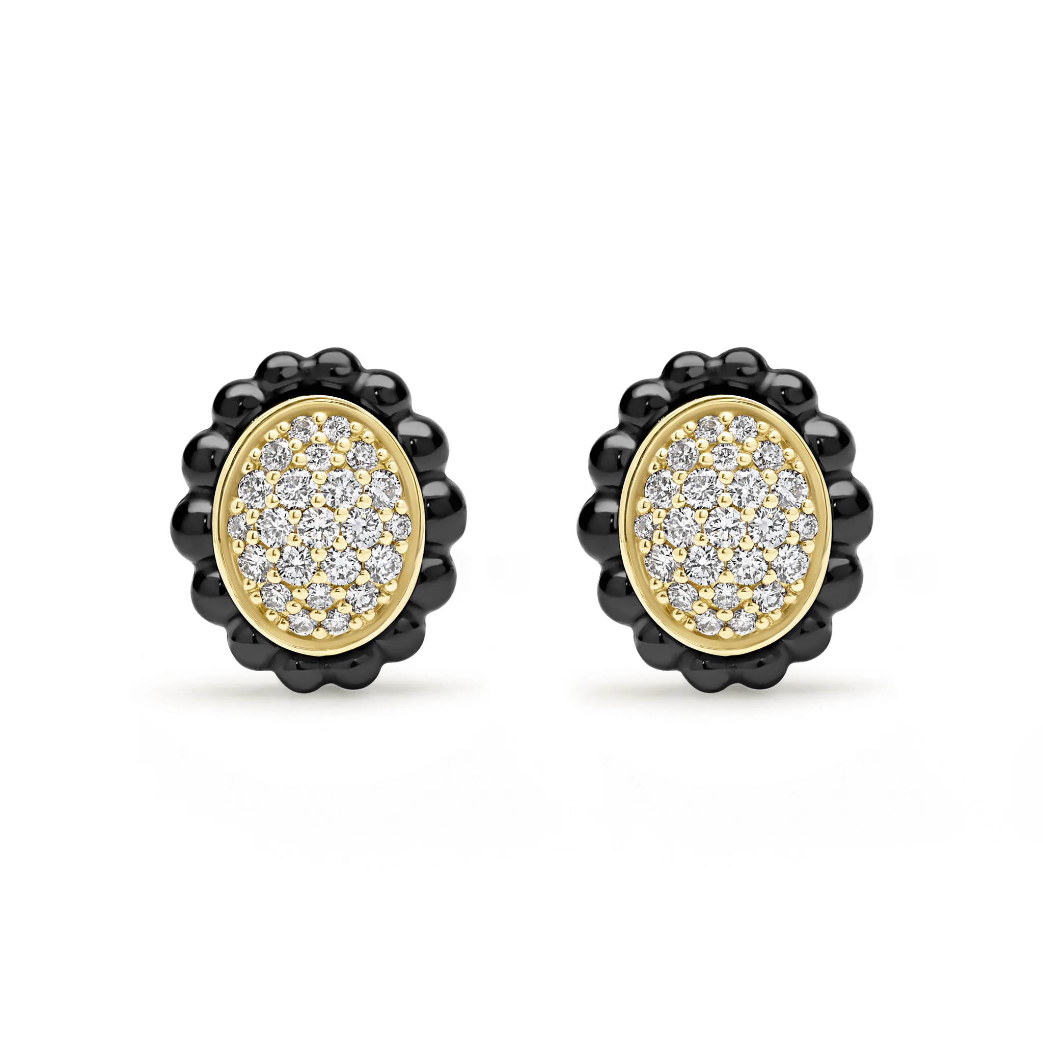 Caviar Gold 18K Gold and Black Ceramic Diamond Oval Stud Earrings - Image 2