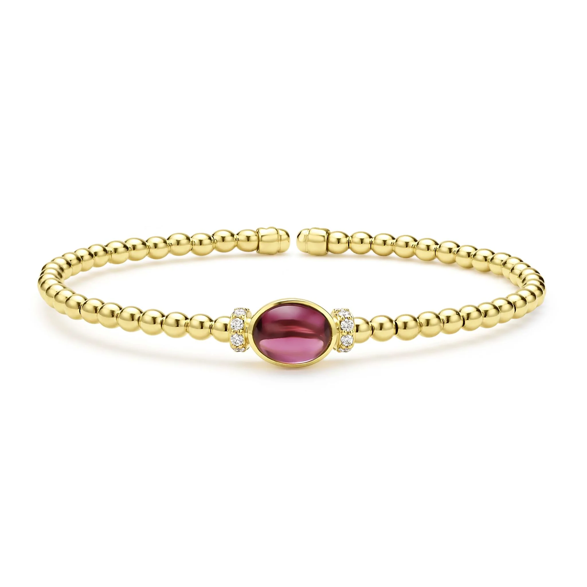 Caviar Gold 18K Gold and Rhodolite Garnet Caviar Beaded Diamond Cuff Bracelet