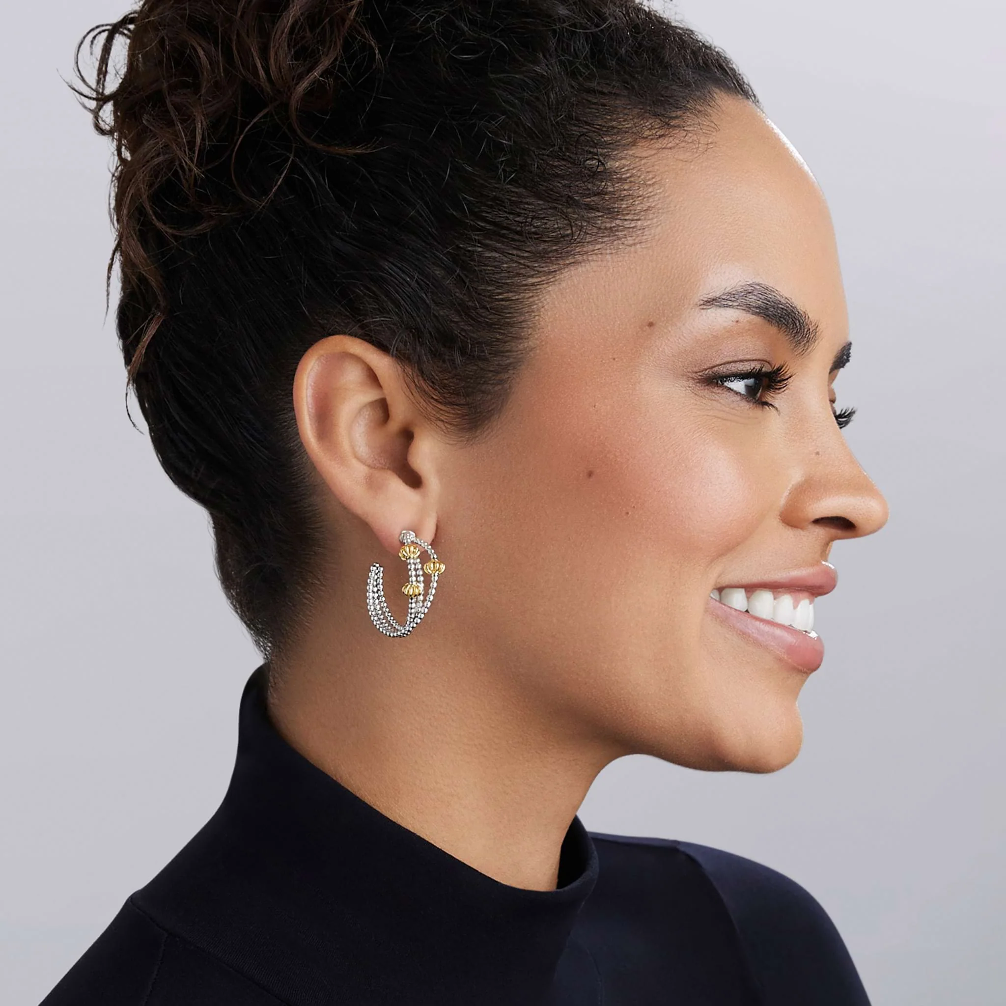 Caviar Icon Sterling Silver & 18K Gold Beaded Triple Hoop Earrings - Image 2