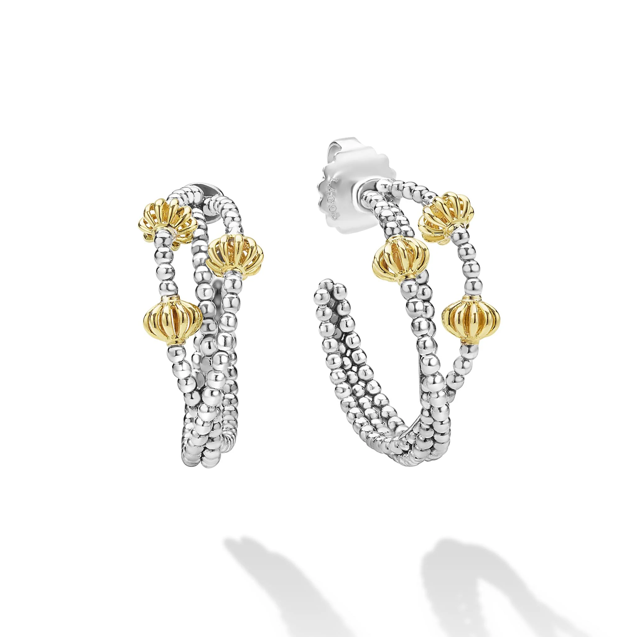 Caviar Icon Sterling Silver & 18K Gold Beaded Triple Hoop Earrings - Image 3