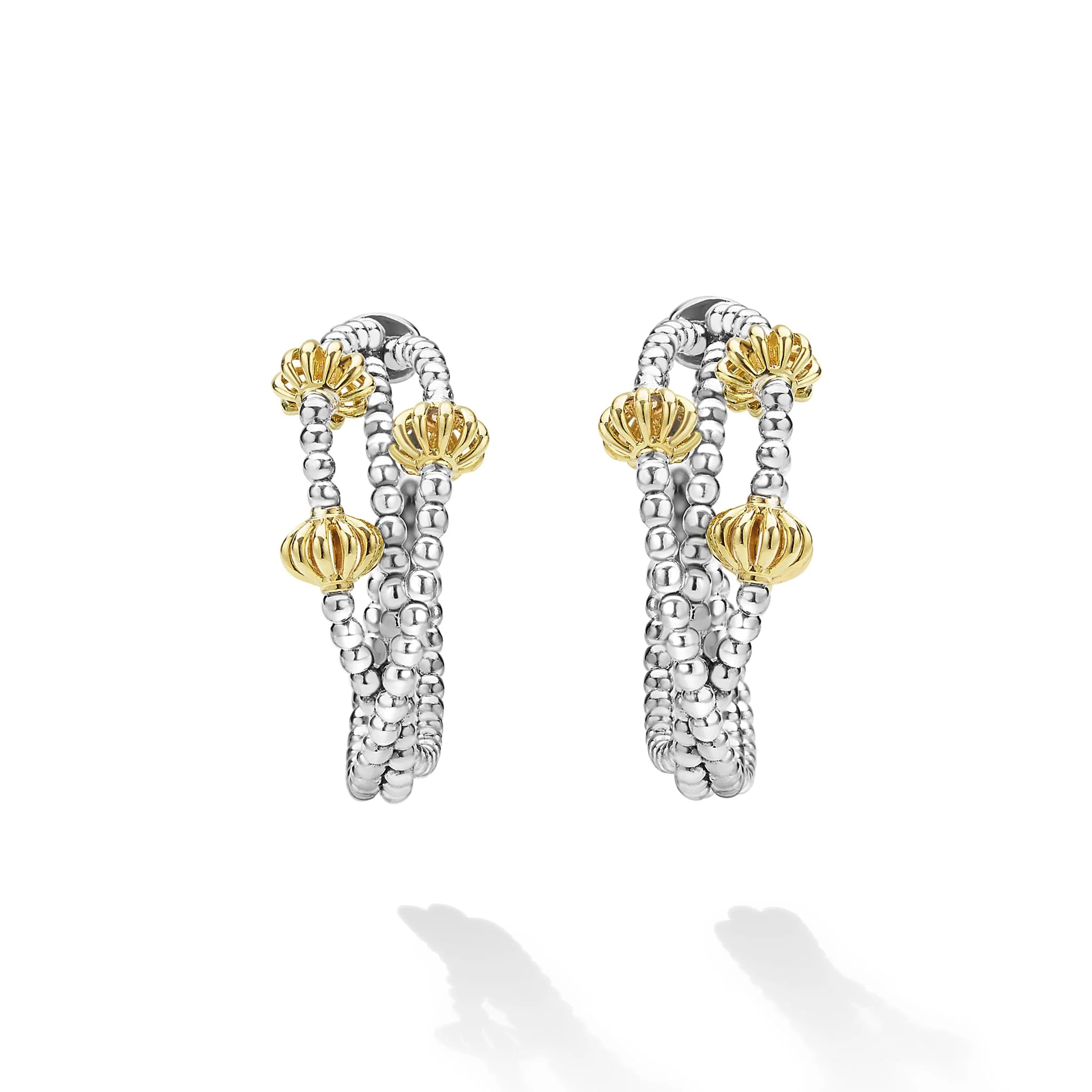 Caviar Icon Sterling Silver & 18K Gold Beaded Triple Hoop Earrings - Image 4