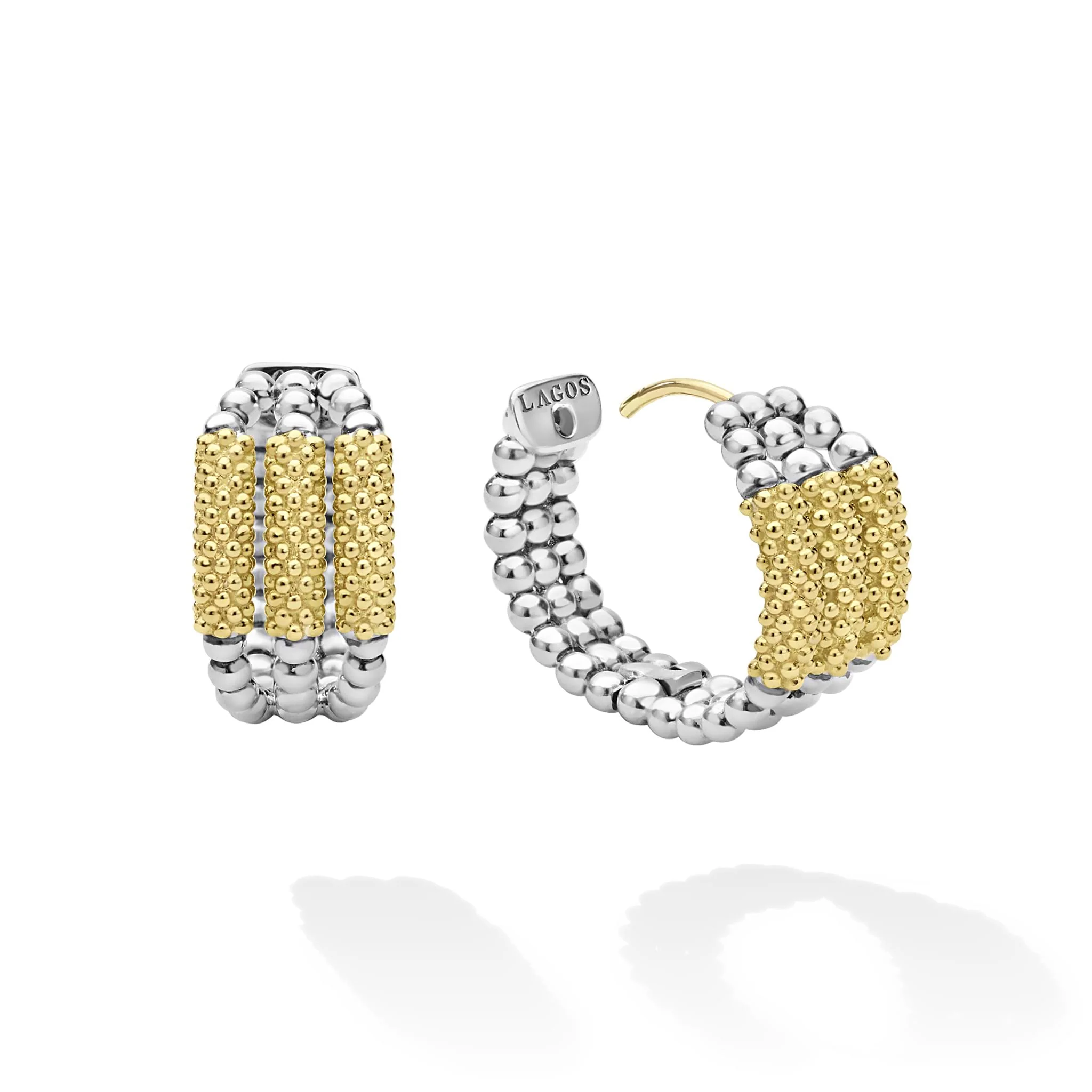 Caviar Icon Two-Tone Three Ring Caviar Gold Bar Huggie Earrings - Image 3