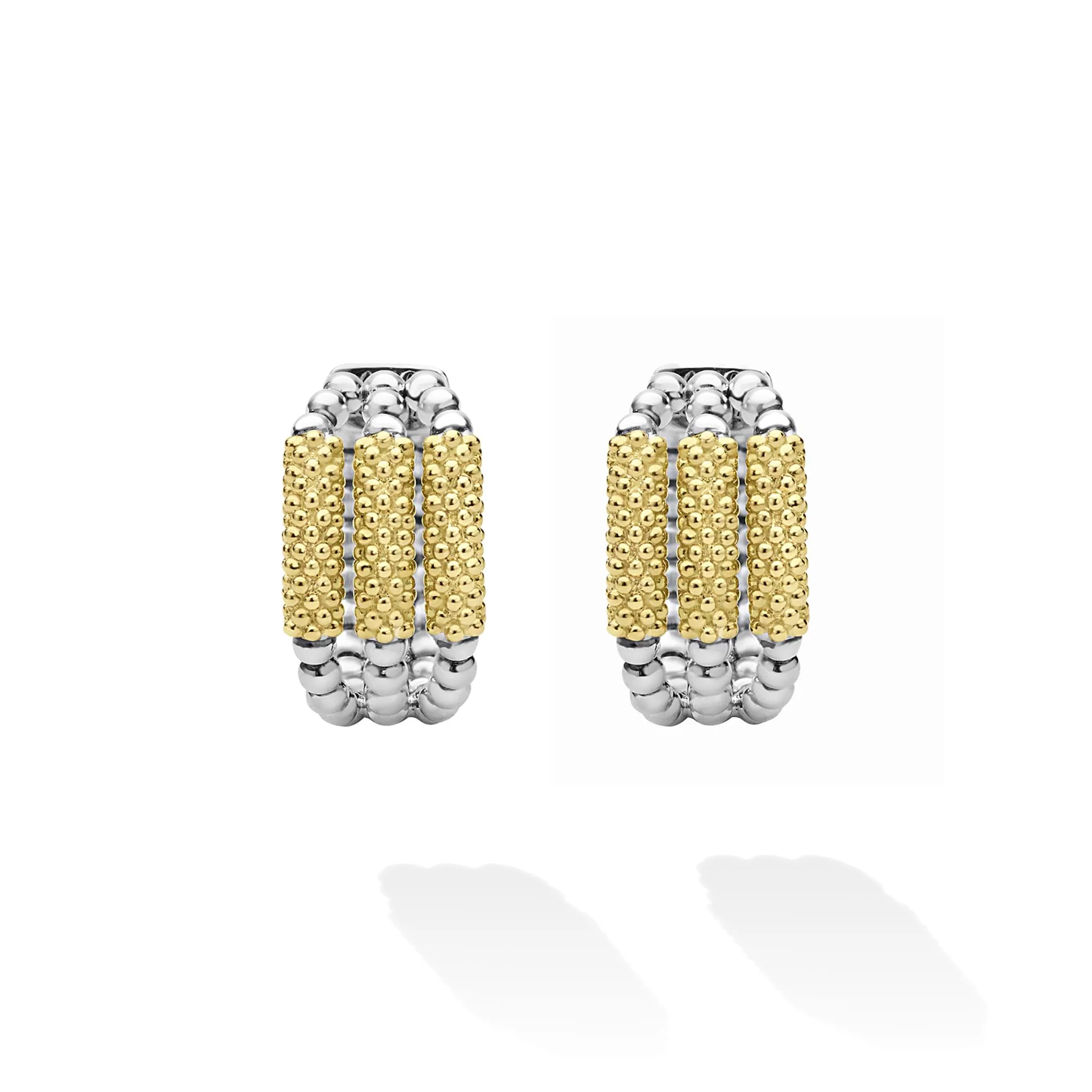 Caviar Icon Two-Tone Three Ring Caviar Gold Bar Huggie Earrings - Image 4