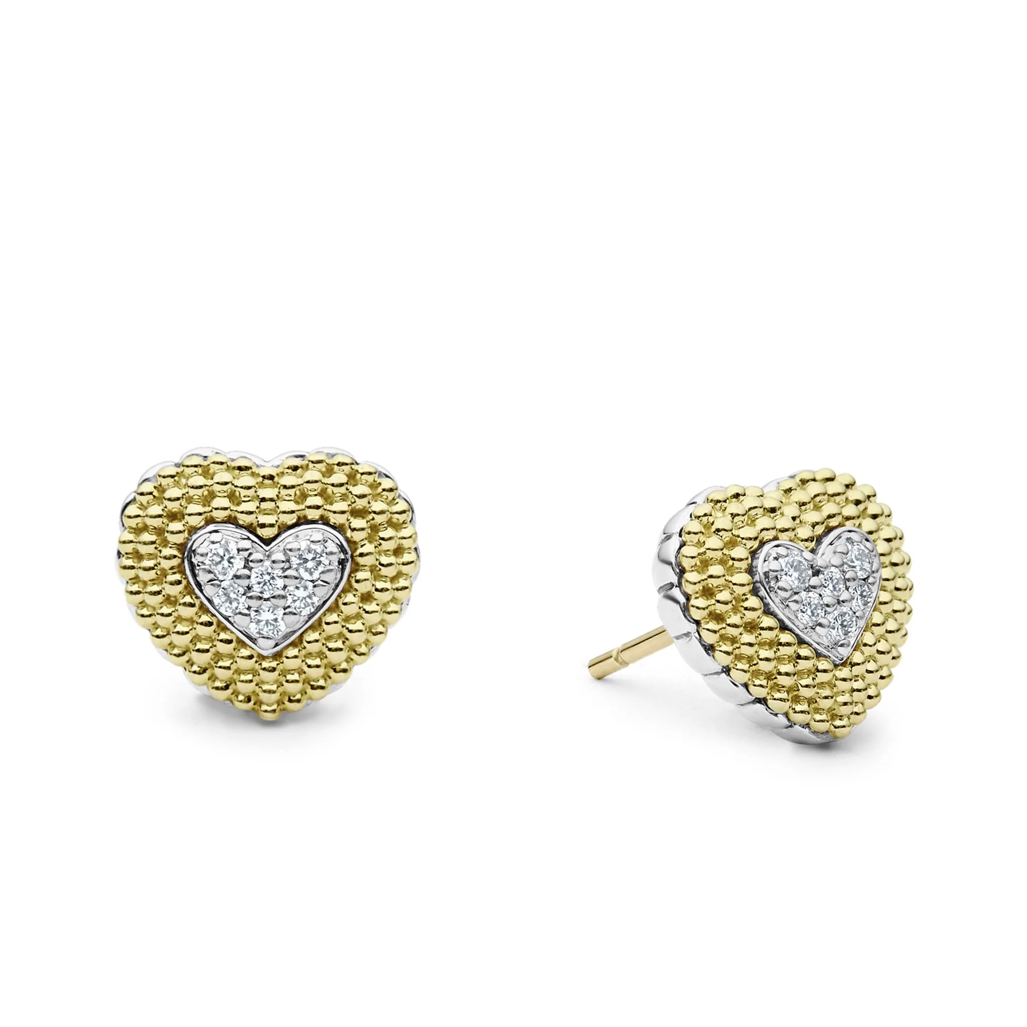 Caviar Lux Two-Tone Diamond Heart Stud Earrings
