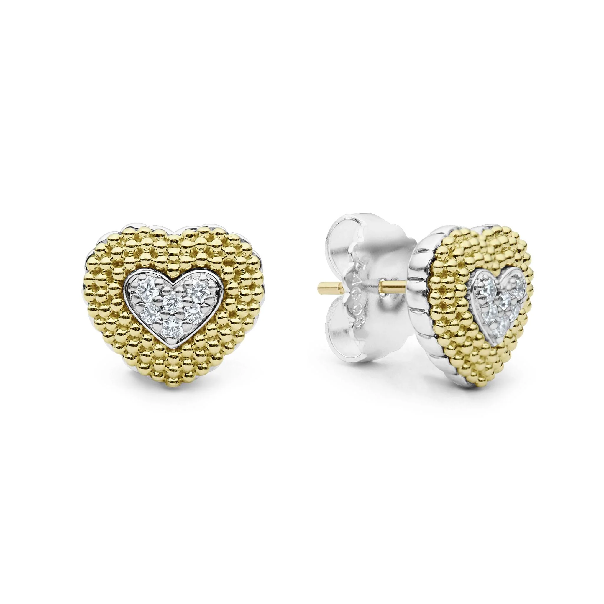 Caviar Lux Two-Tone Diamond Heart Stud Earrings - Image 3