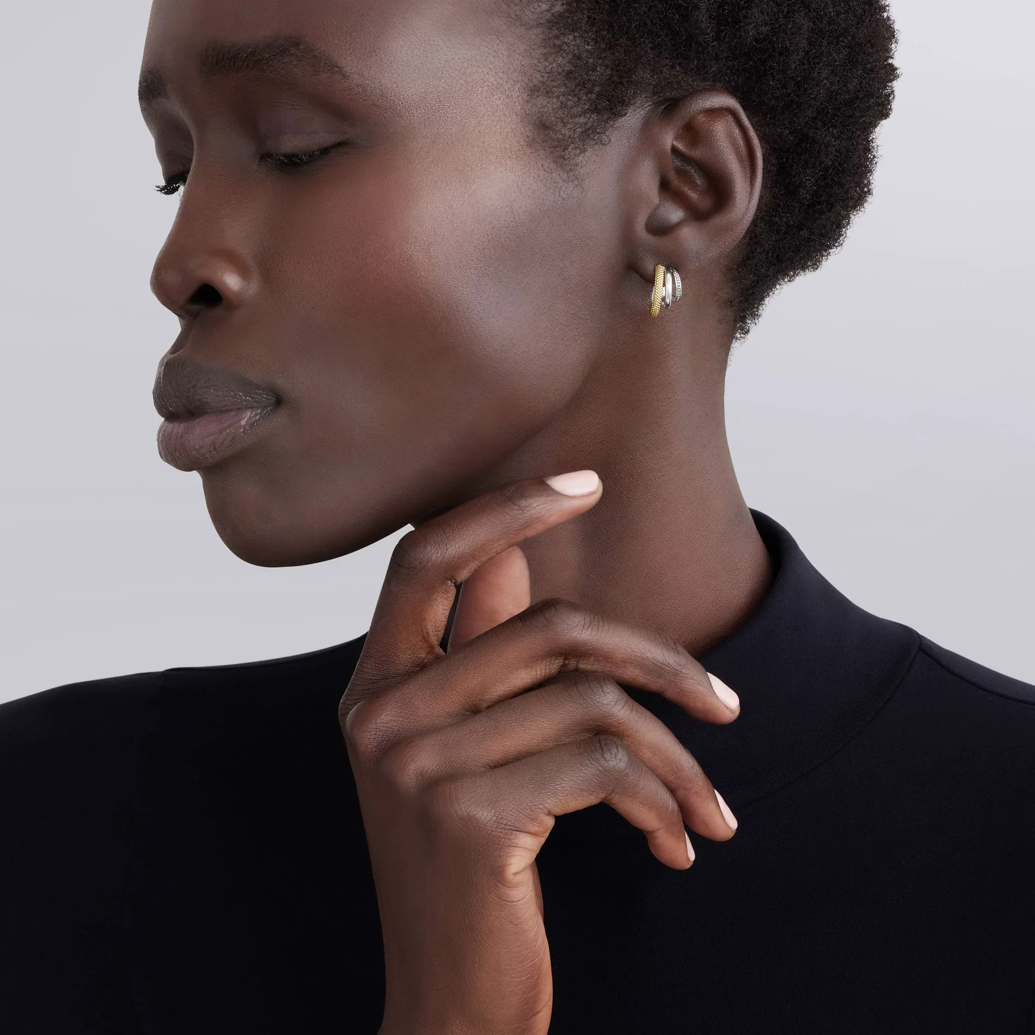 Caviar Lux Two-Tone Small Three Ring Hoop Earrings - Image 2