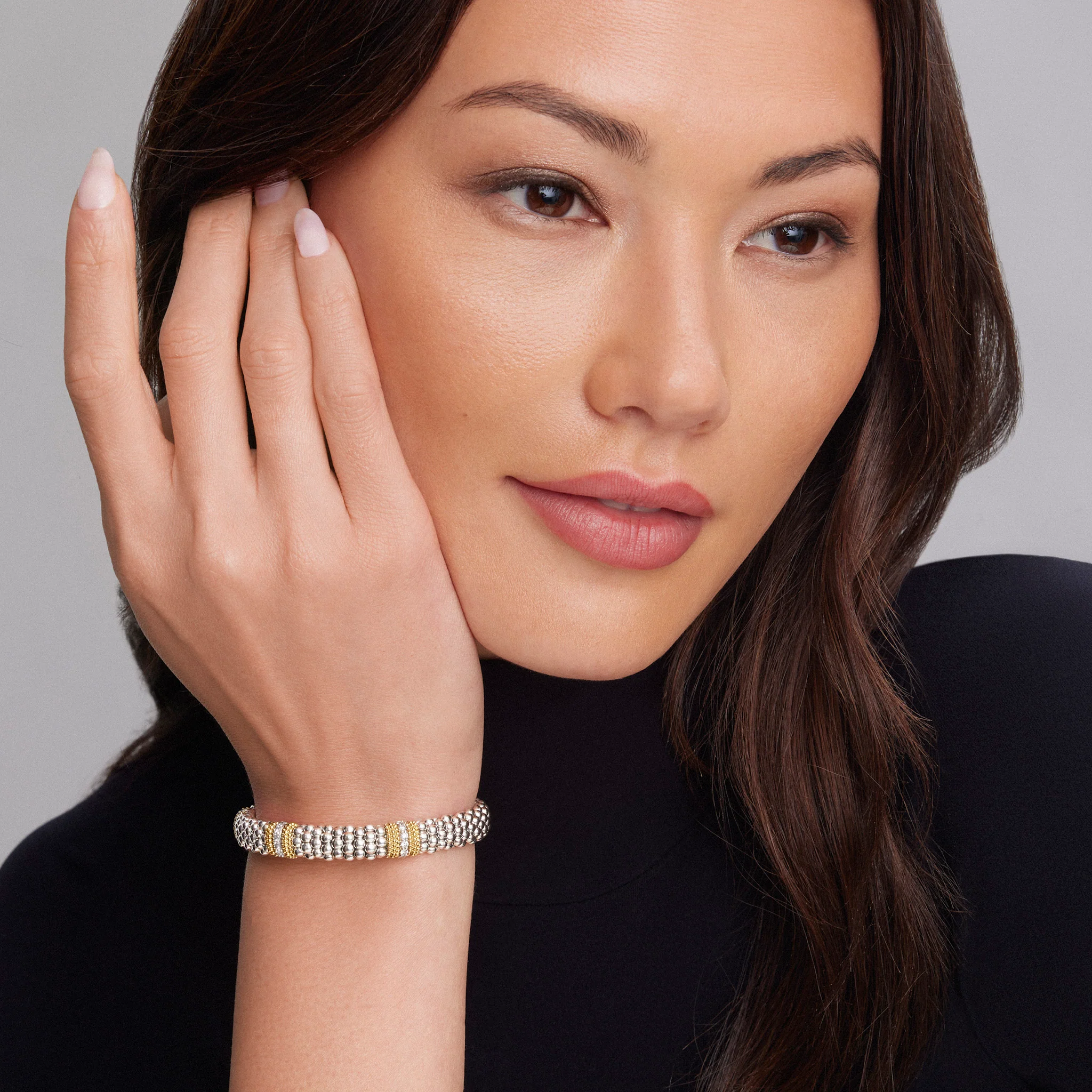 Caviar Lux Two-Tone Three Station Diamond Caviar Bracelet | 9mm - Image 2
