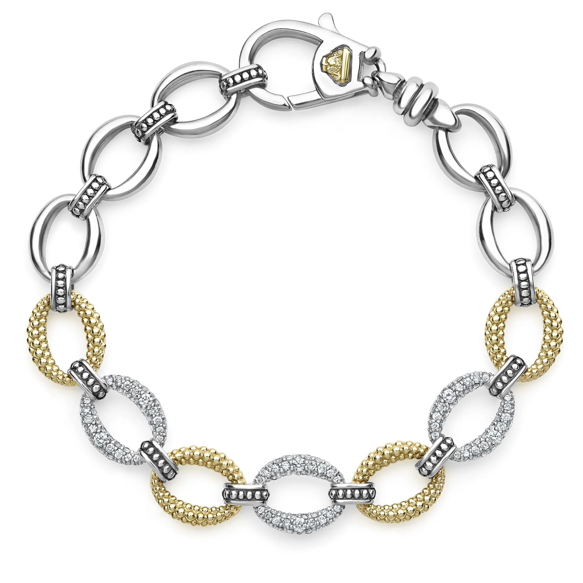 Caviar Lux Two-Tone Three Station Diamond Link Bracelet