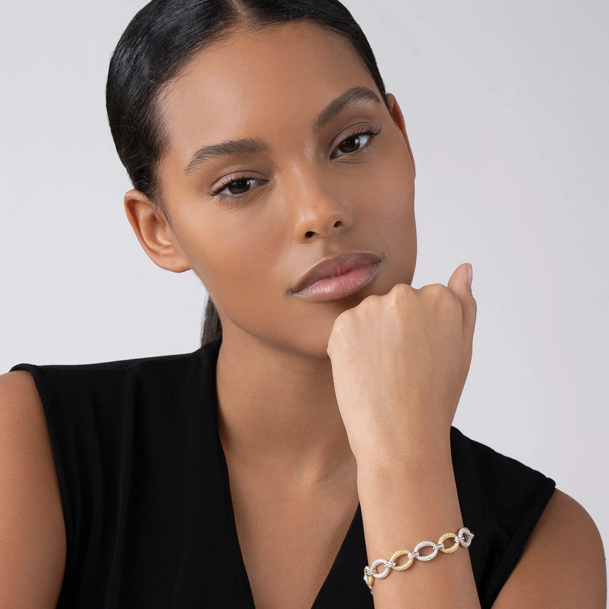 Caviar Lux Two-Tone Three Station Diamond Link Bracelet - Image 2