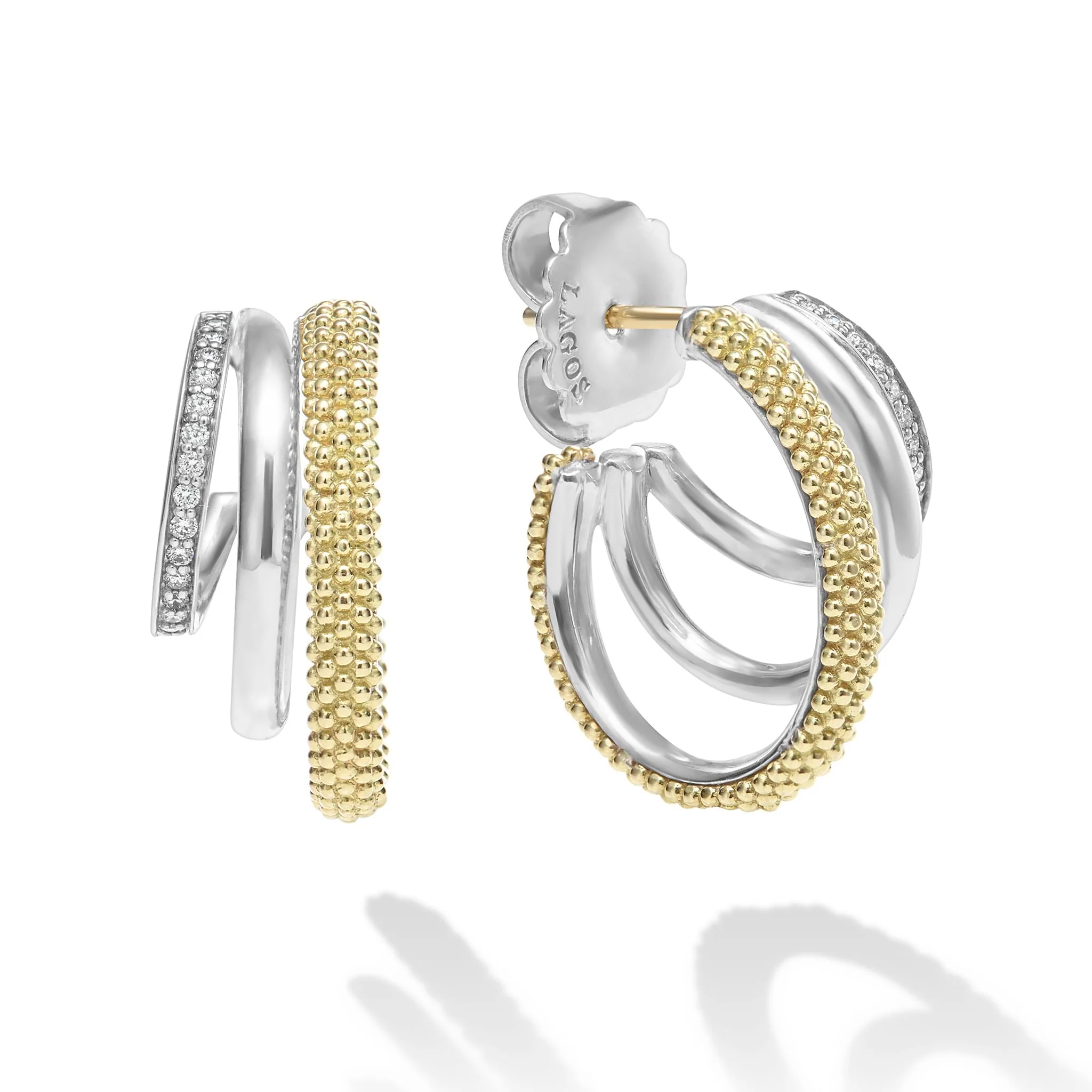 Caviar Lux Two-Tone Large Three Ring Diamond Hoop Earrings