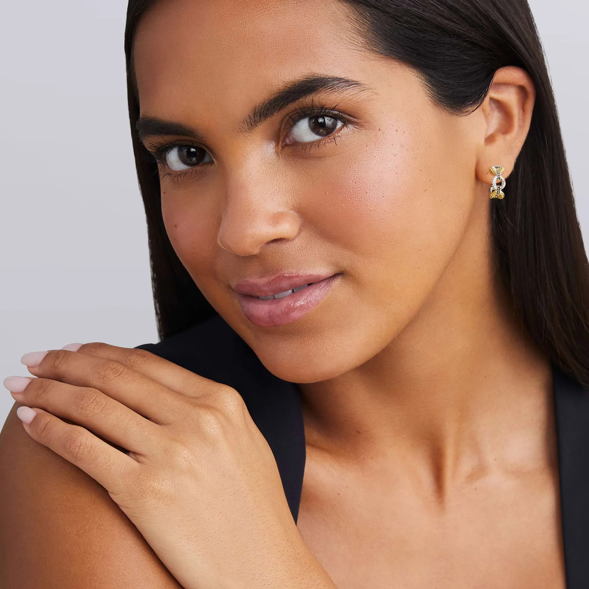Caviar Lux Two-Tone Small Link Diamond Hoop Earrings - Image 2