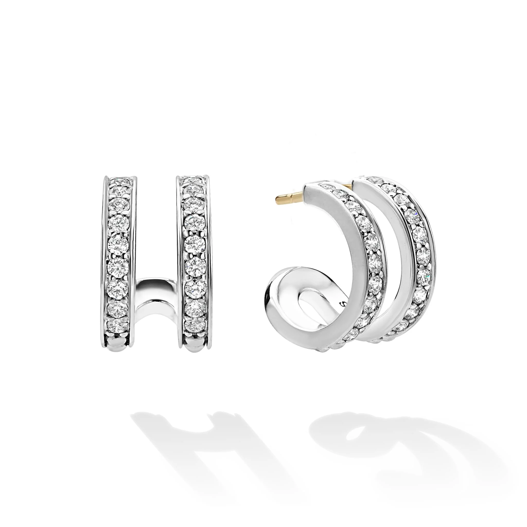 Caviar Spark Silver Linear Diamond Double Row Hoop Earrings