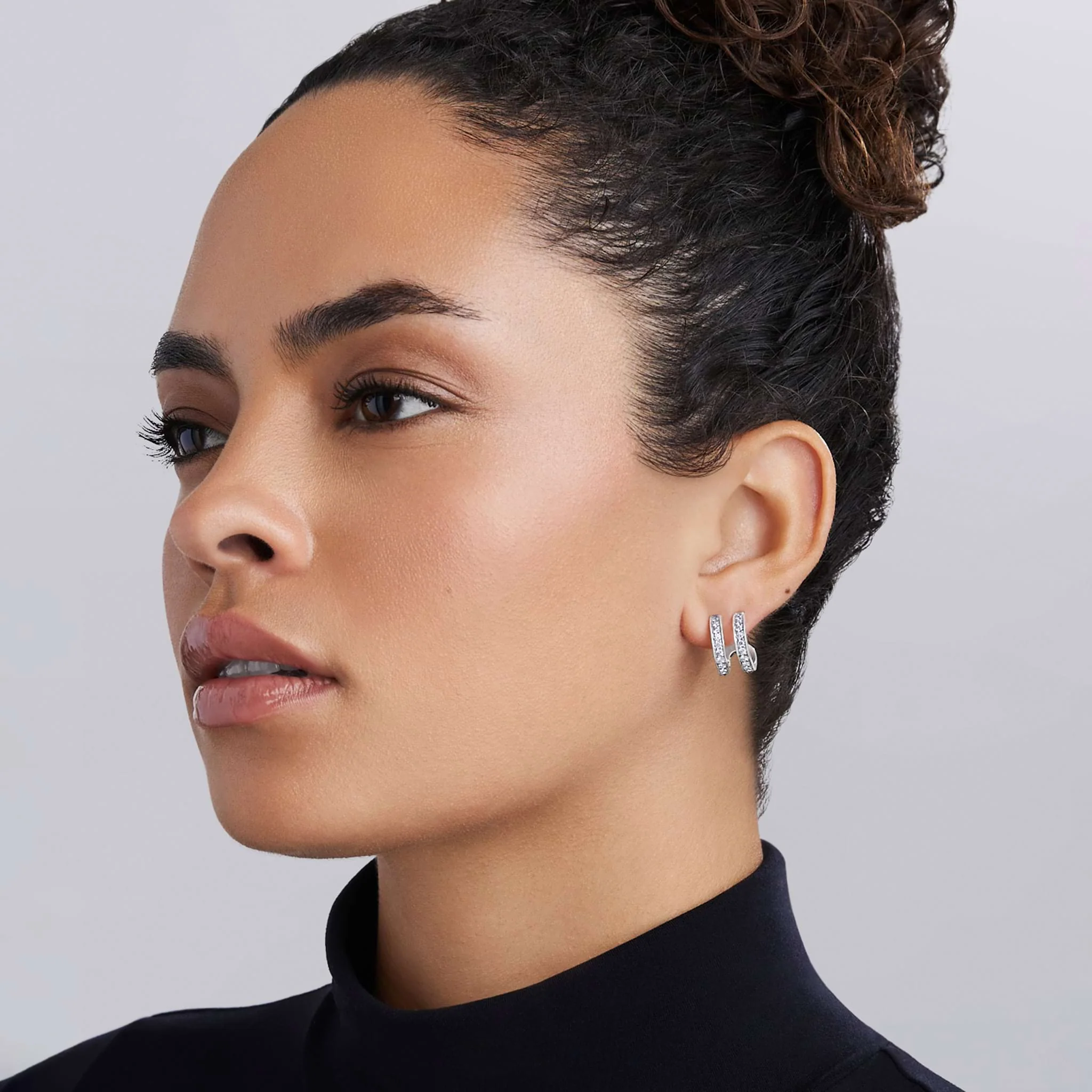 Caviar Spark Silver Linear Diamond Double Row Hoop Earrings - Image 2