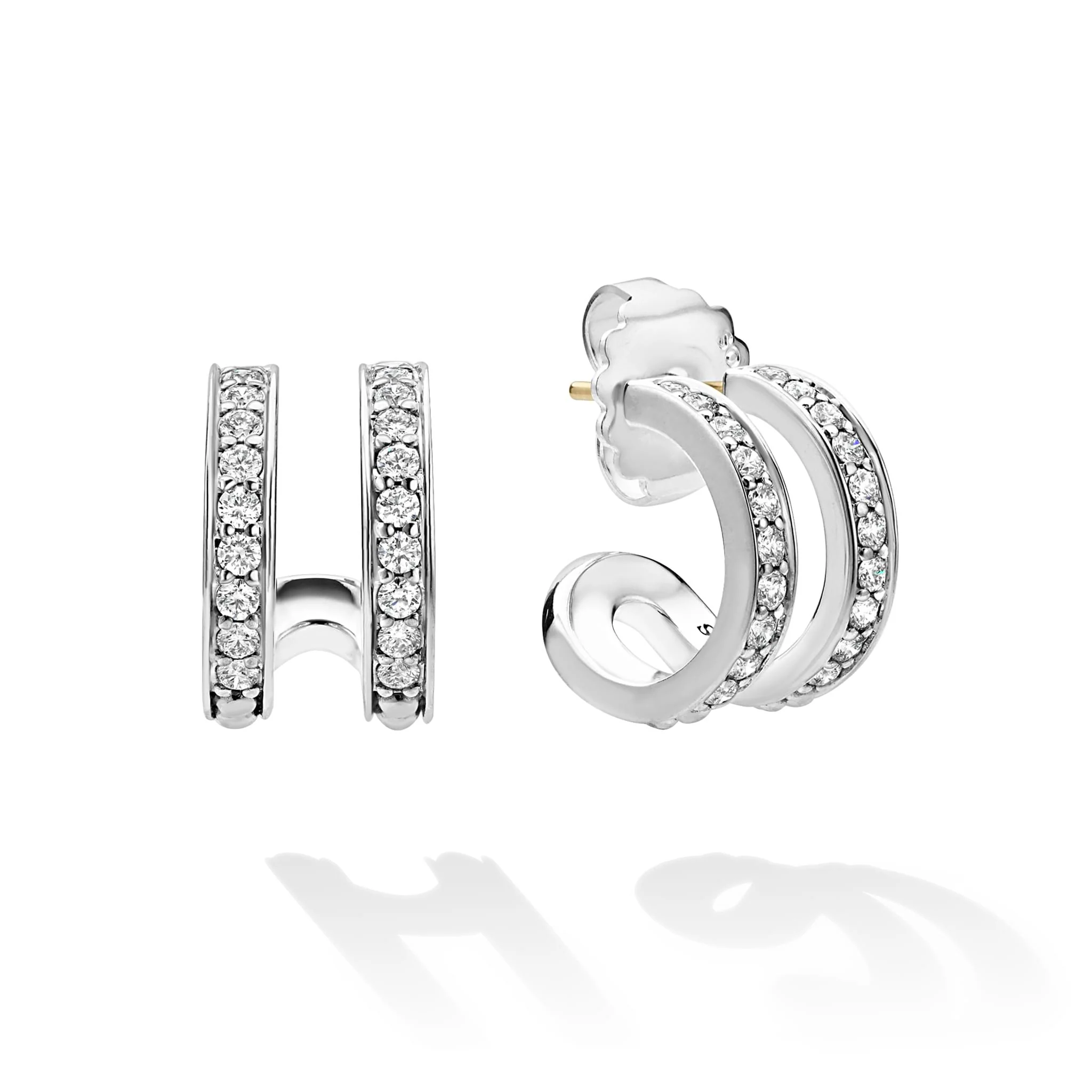 Caviar Spark Silver Linear Diamond Double Row Hoop Earrings - Image 3