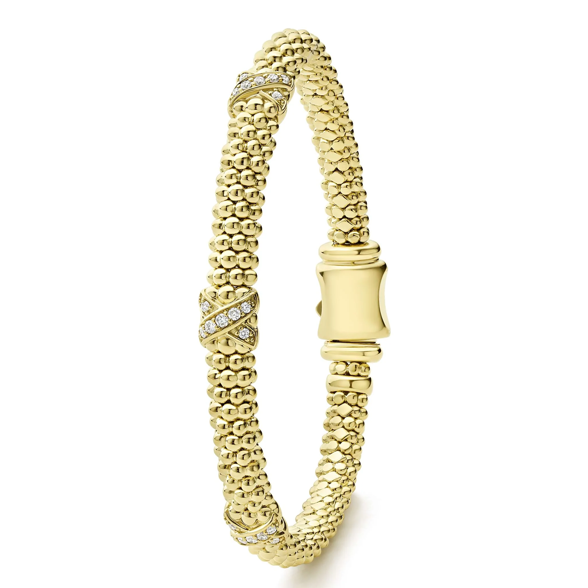 Embrace 18K Gold Three Station X Diamond Caviar Bracelet | 6mm - Image 4