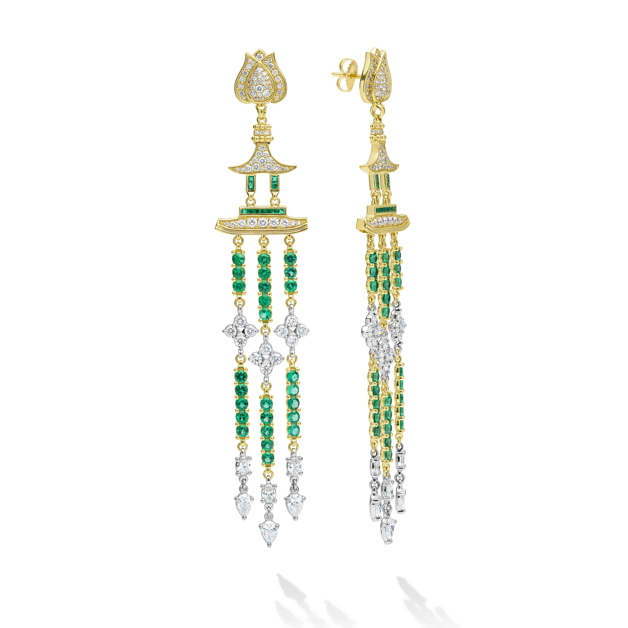 SML 18K Diamond and Emerald Lotus Drop Earrings