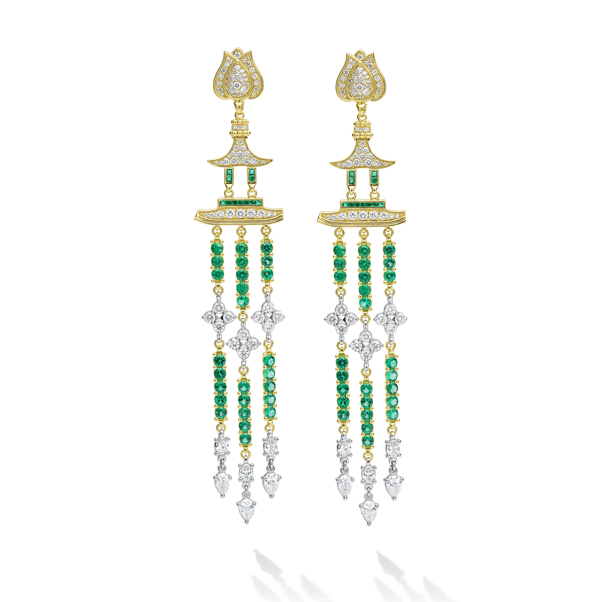 SML 18K Diamond and Emerald Lotus Drop Earrings - Image 2