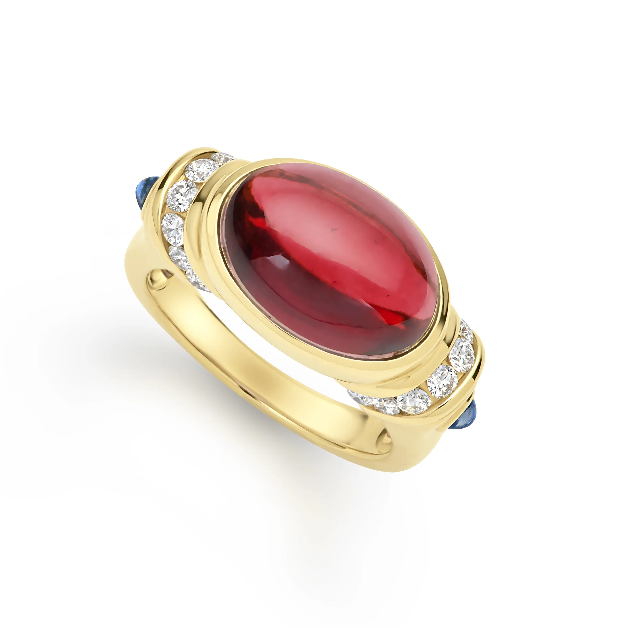 18K Caviar Gold Garnet Diamond and Sapphire Ring