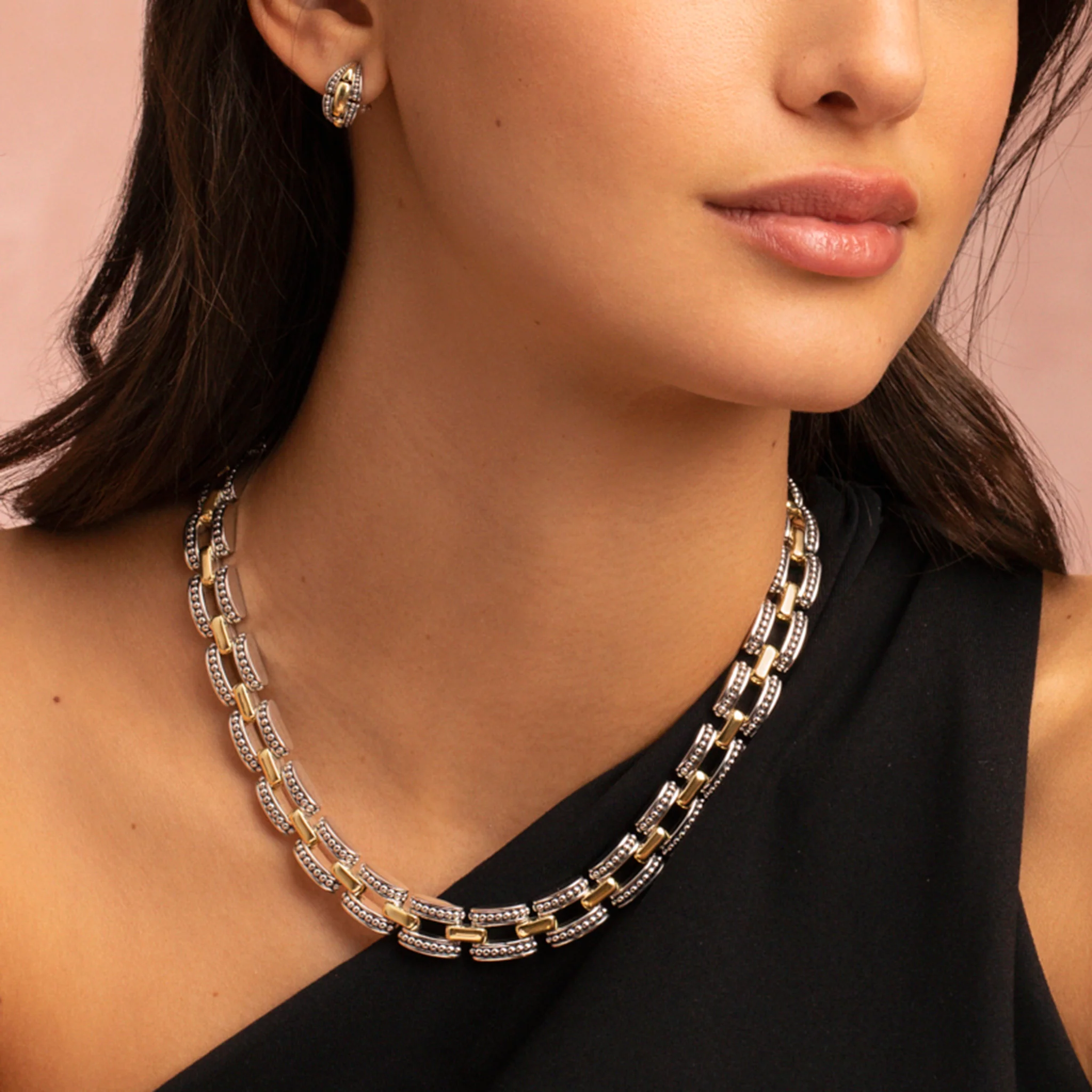 High Bar Two-Tone Caviar Link Necklace - Image 6